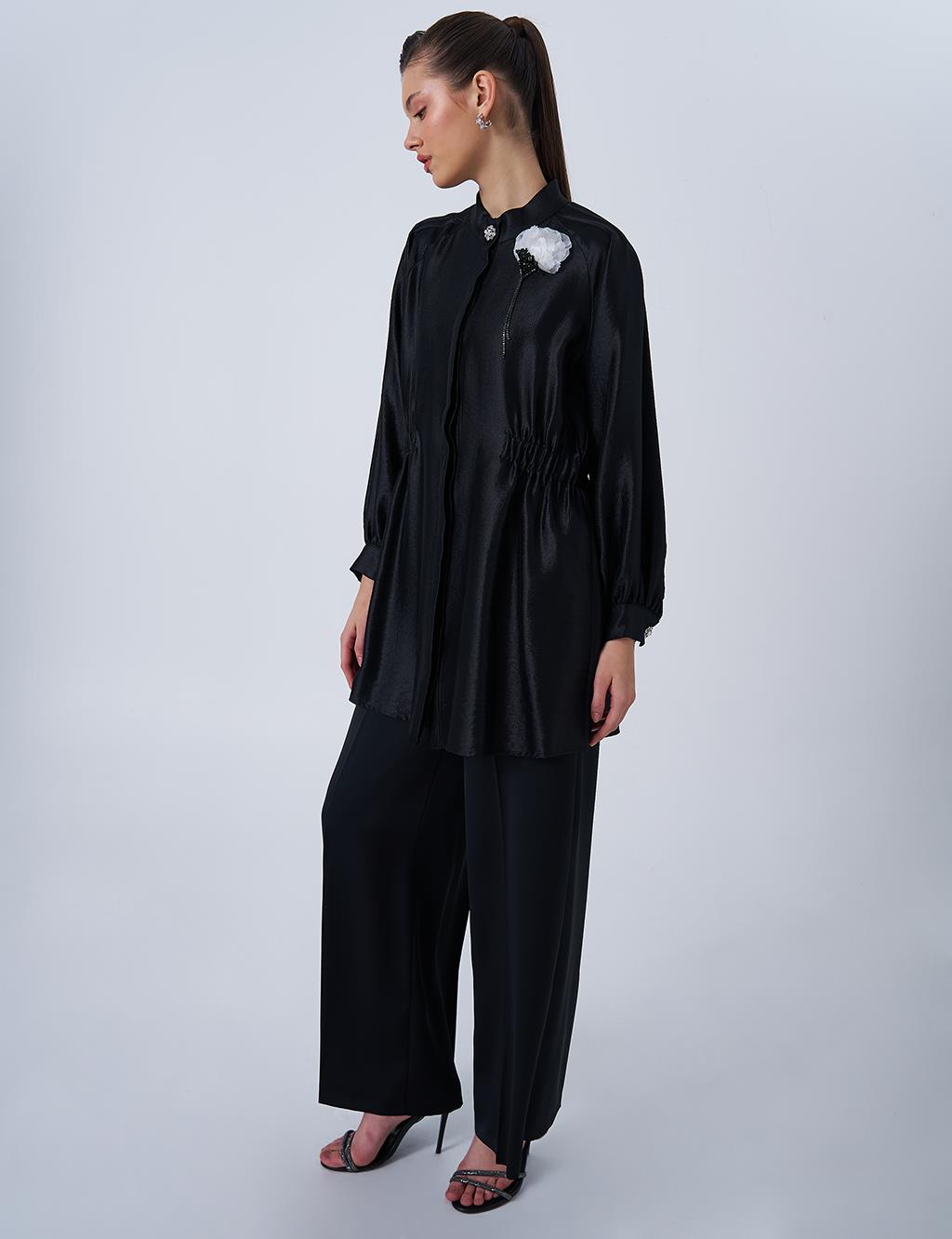Brooch Detailed Satin Tunic Black