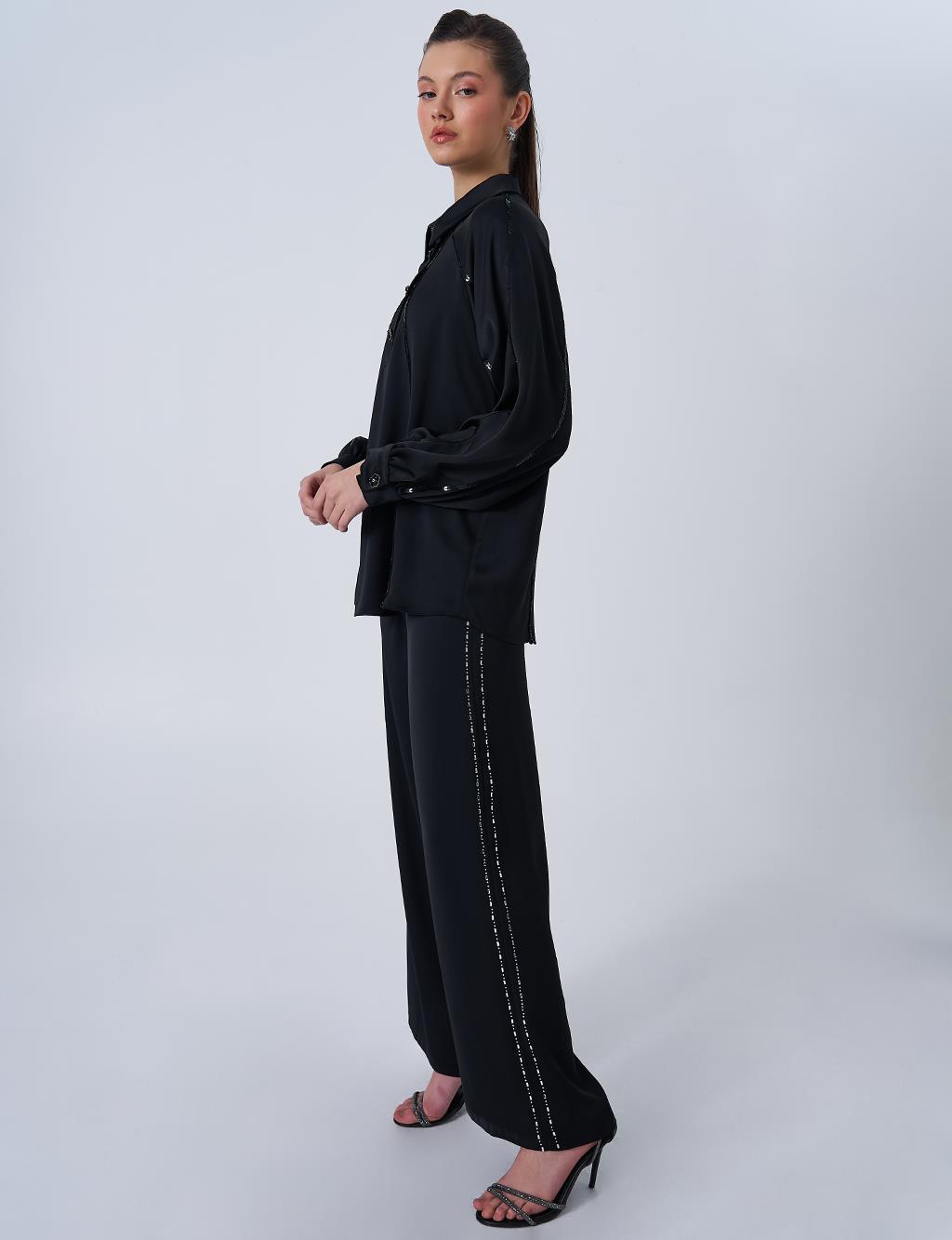 Shiny Button Satin Blouse in Black