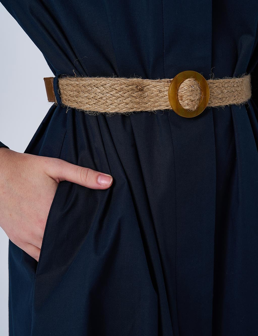 Woven Belt Detailed Cotton Dress Dark Navy