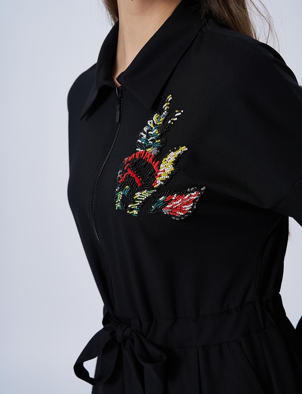 İşlemeli Rayon Elbise Siyah 