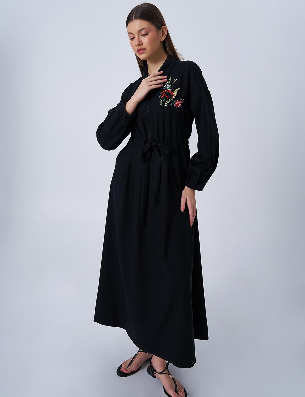 İşlemeli Rayon Elbise Siyah 