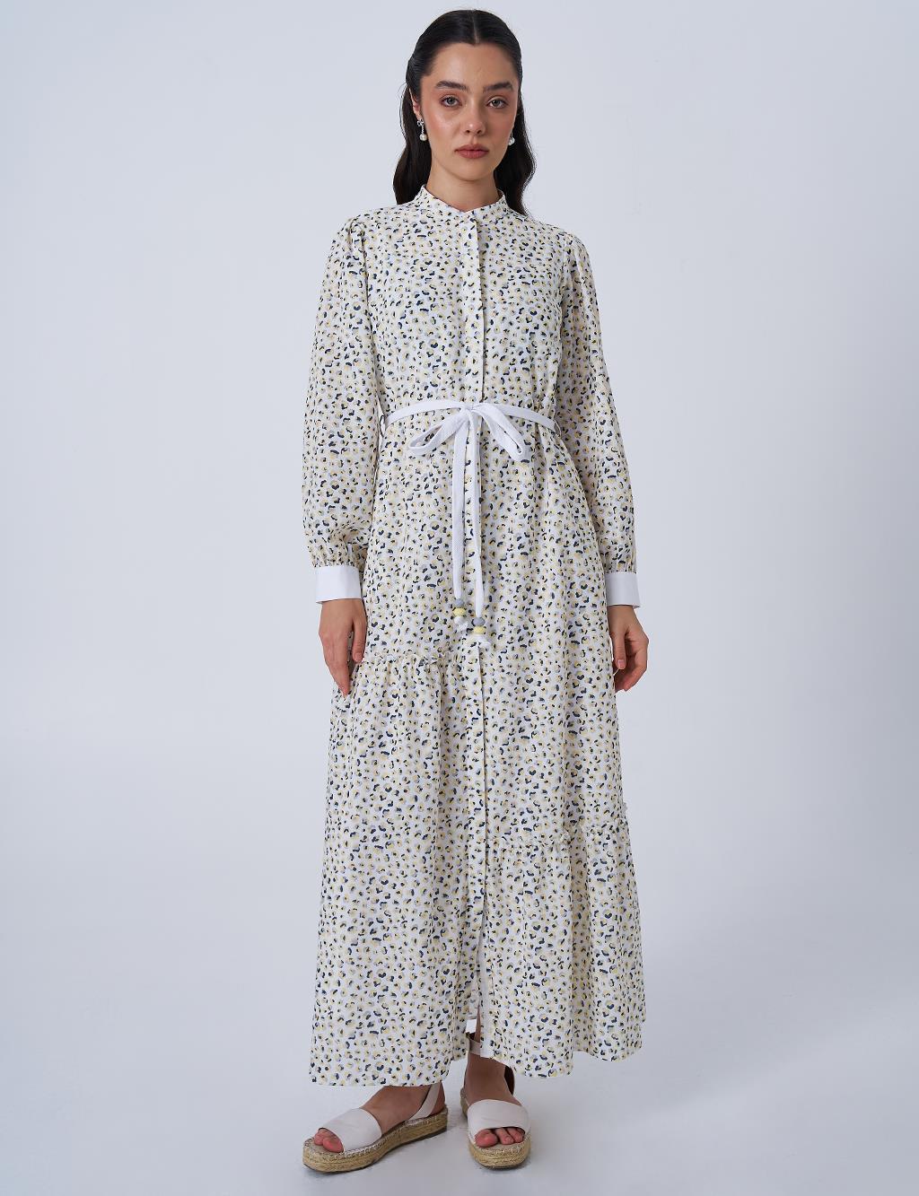 Leopar Desenli Asimetrik Fırfırlı Elbise Sarı