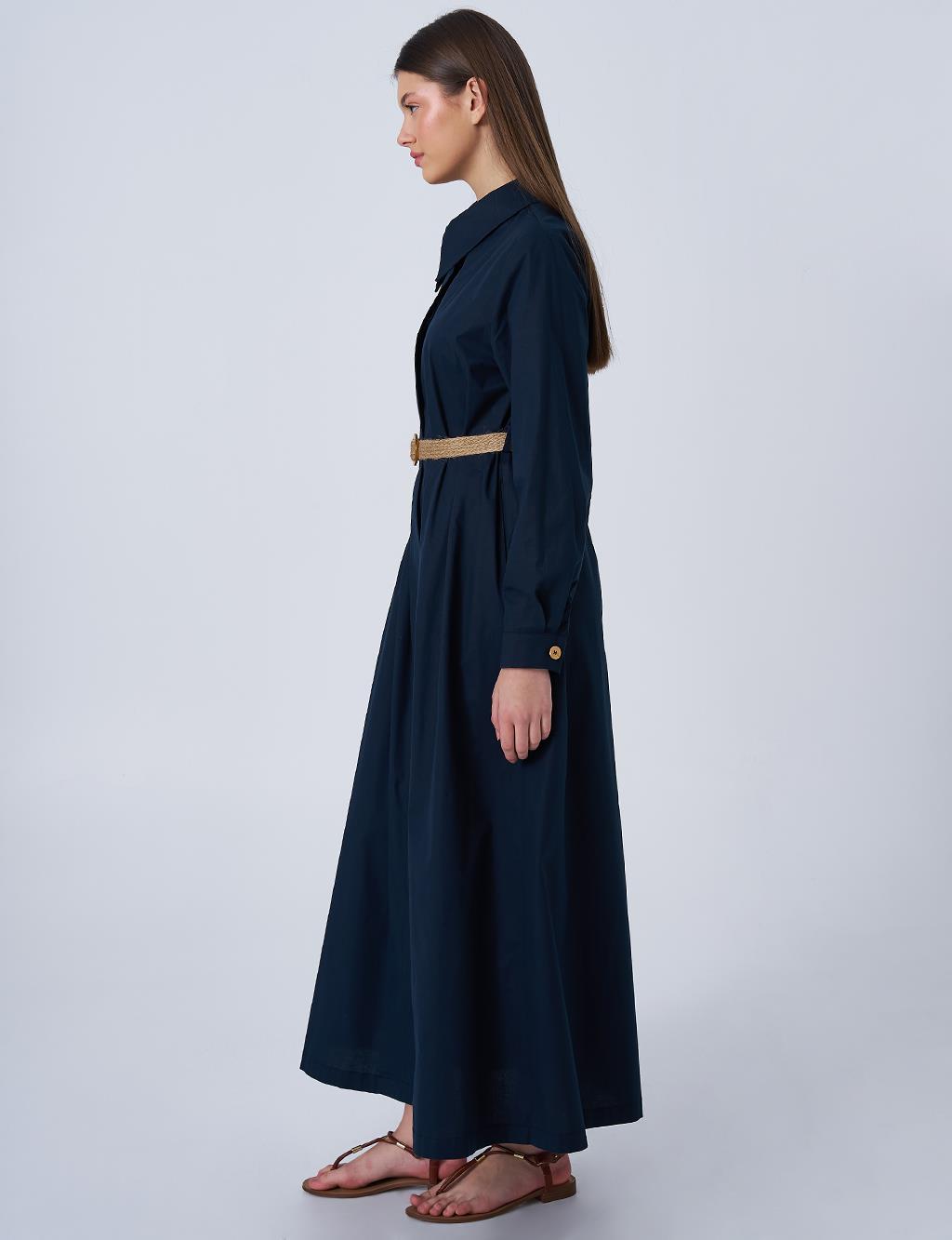 Woven Belt Detailed Cotton Dress Dark Navy