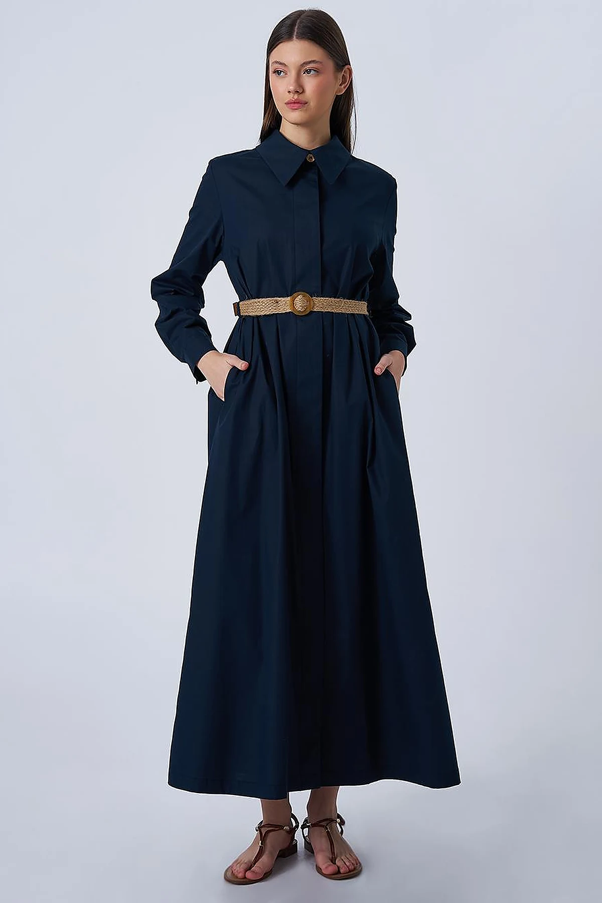 Woven Belt Detailed Cotton Dress Dark Navy