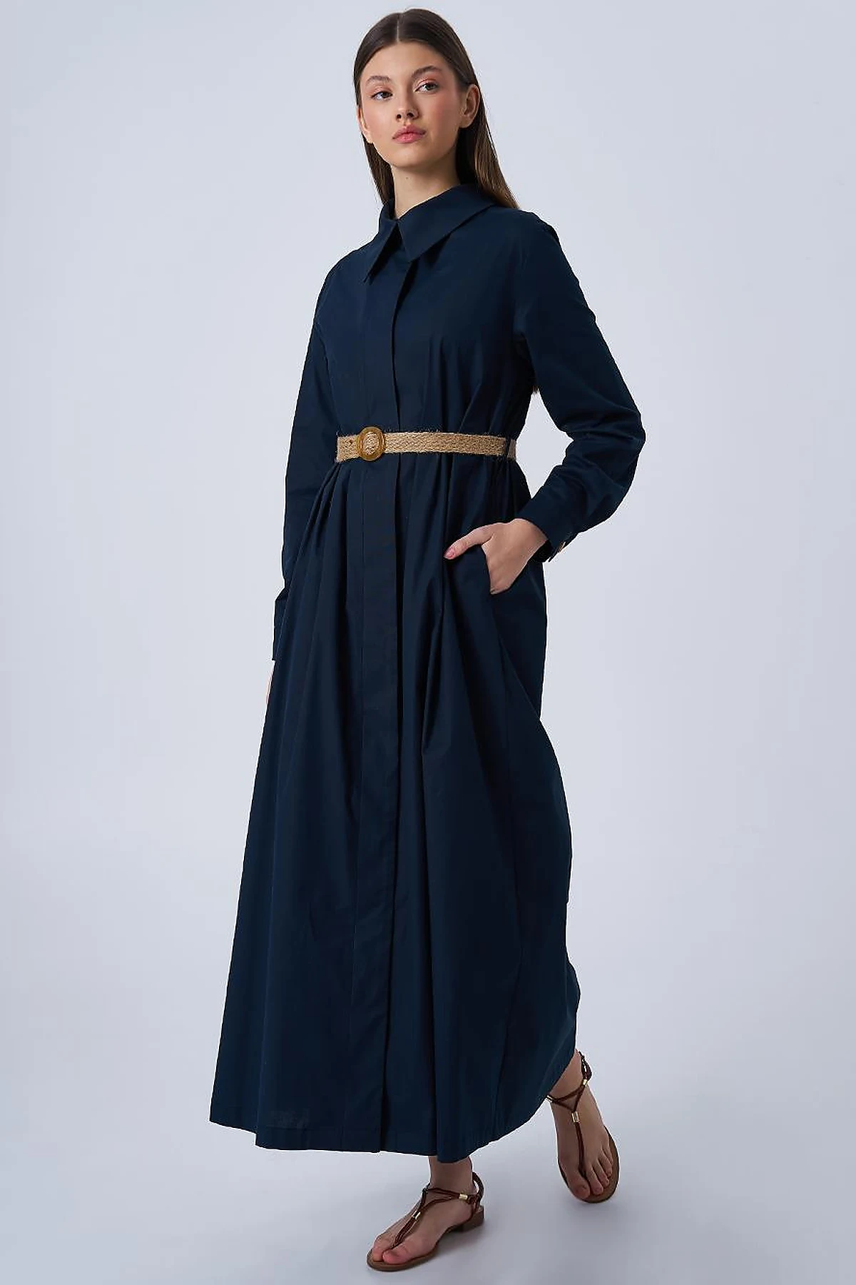 Woven Belt Detailed Cotton Dress Dark Navy