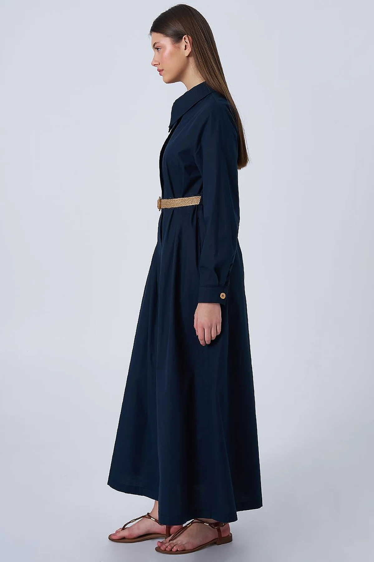 Woven Belt Detailed Cotton Dress Dark Navy