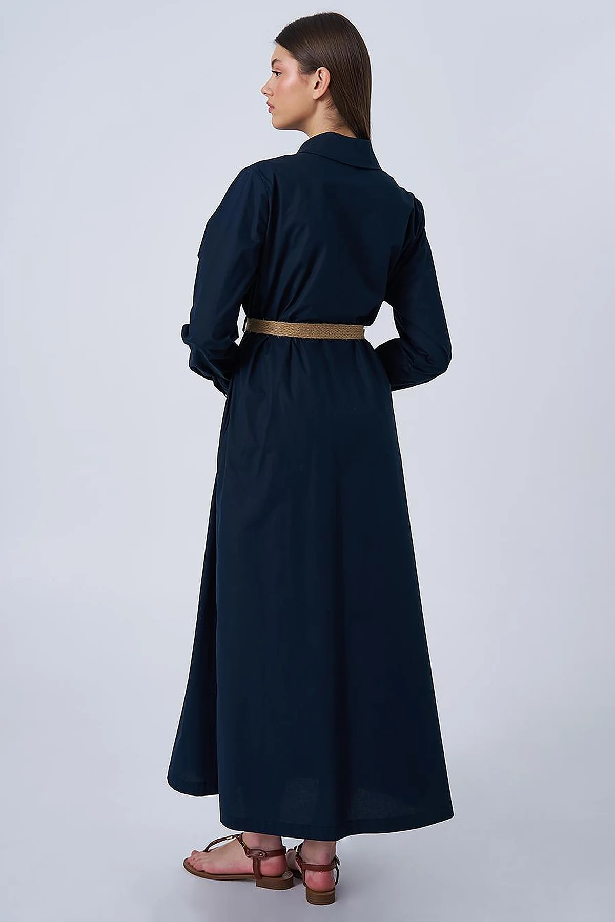 Woven Belt Detailed Cotton Dress Dark Navy