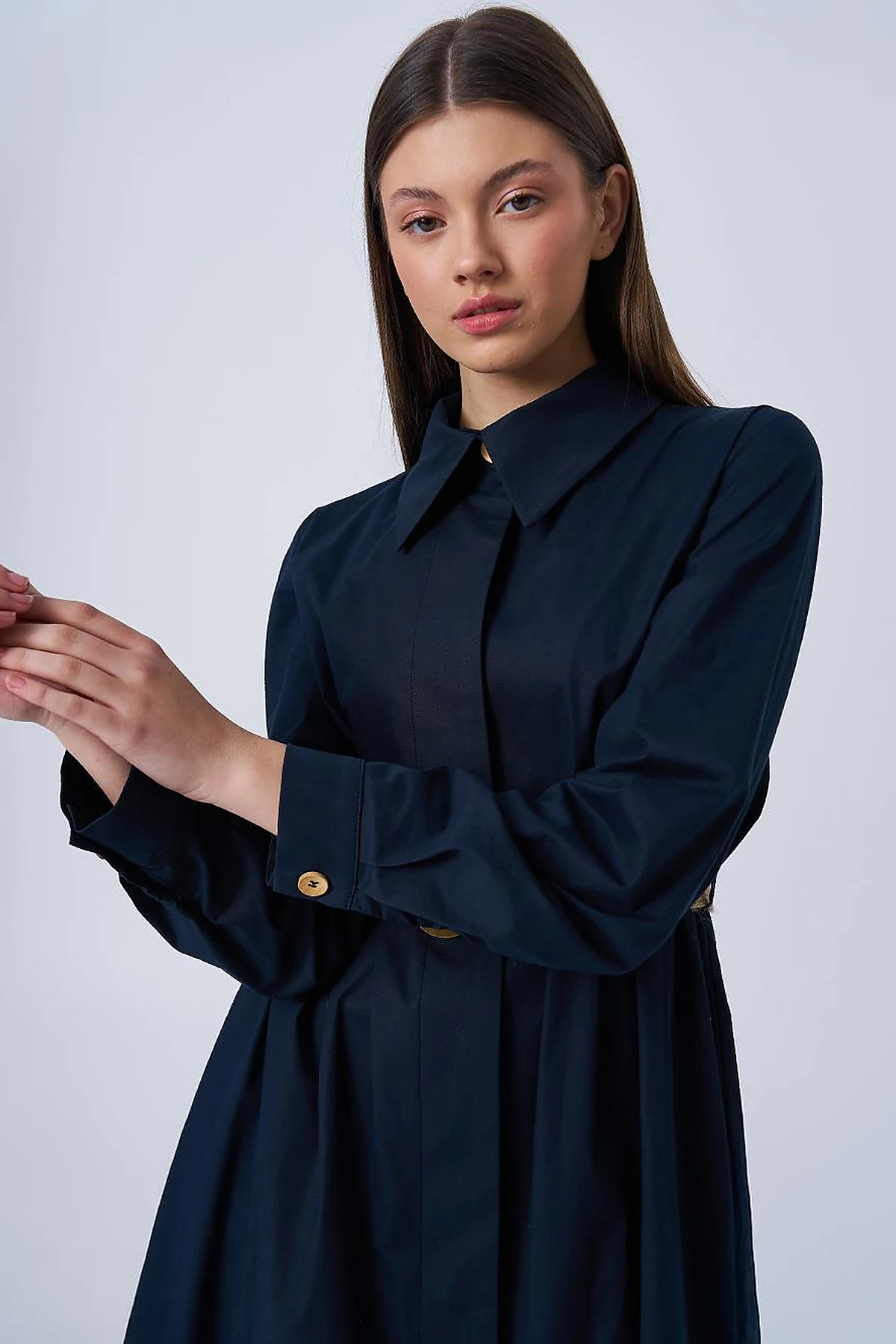Woven Belt Detailed Cotton Dress Dark Navy