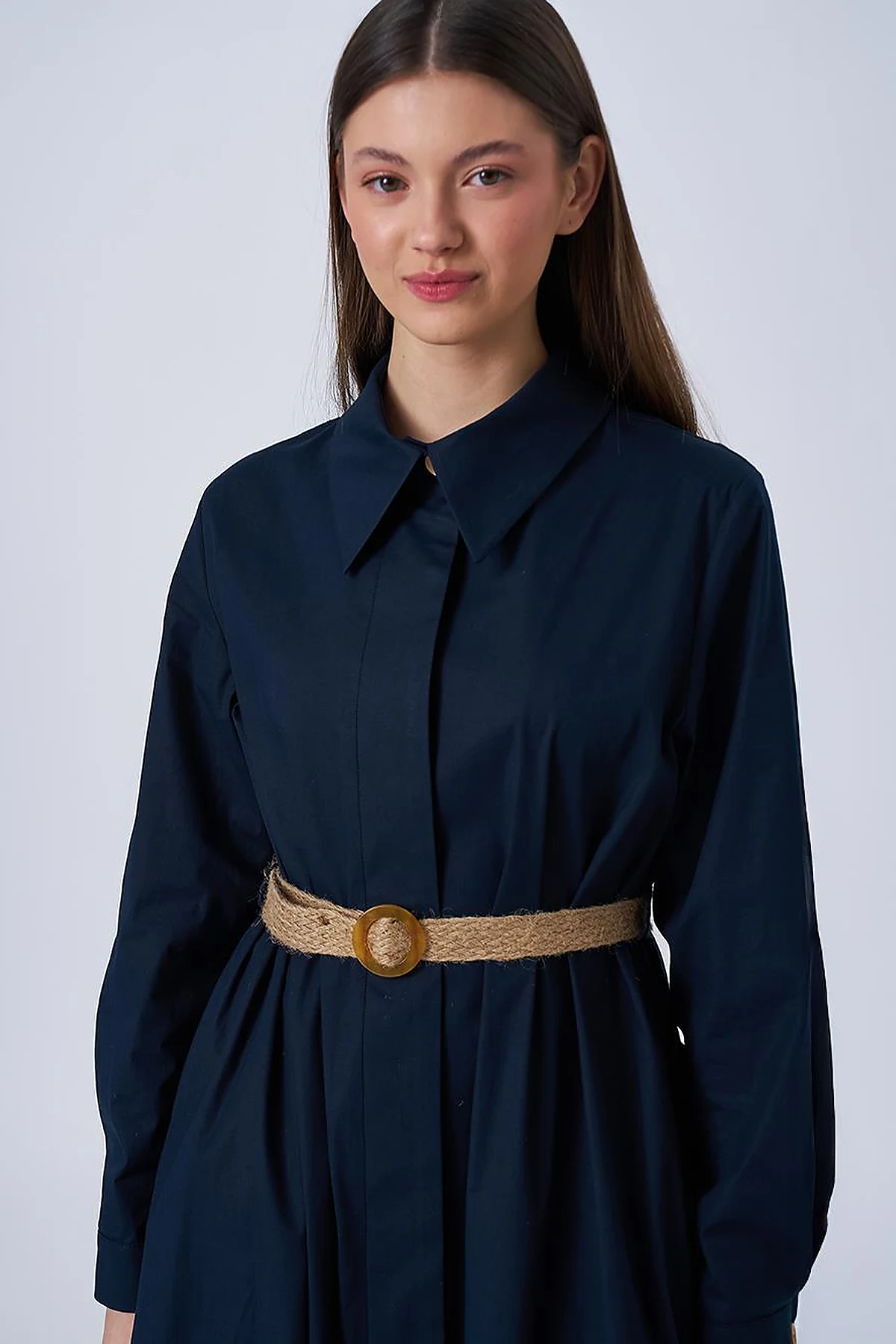Woven Belt Detailed Cotton Dress Dark Navy