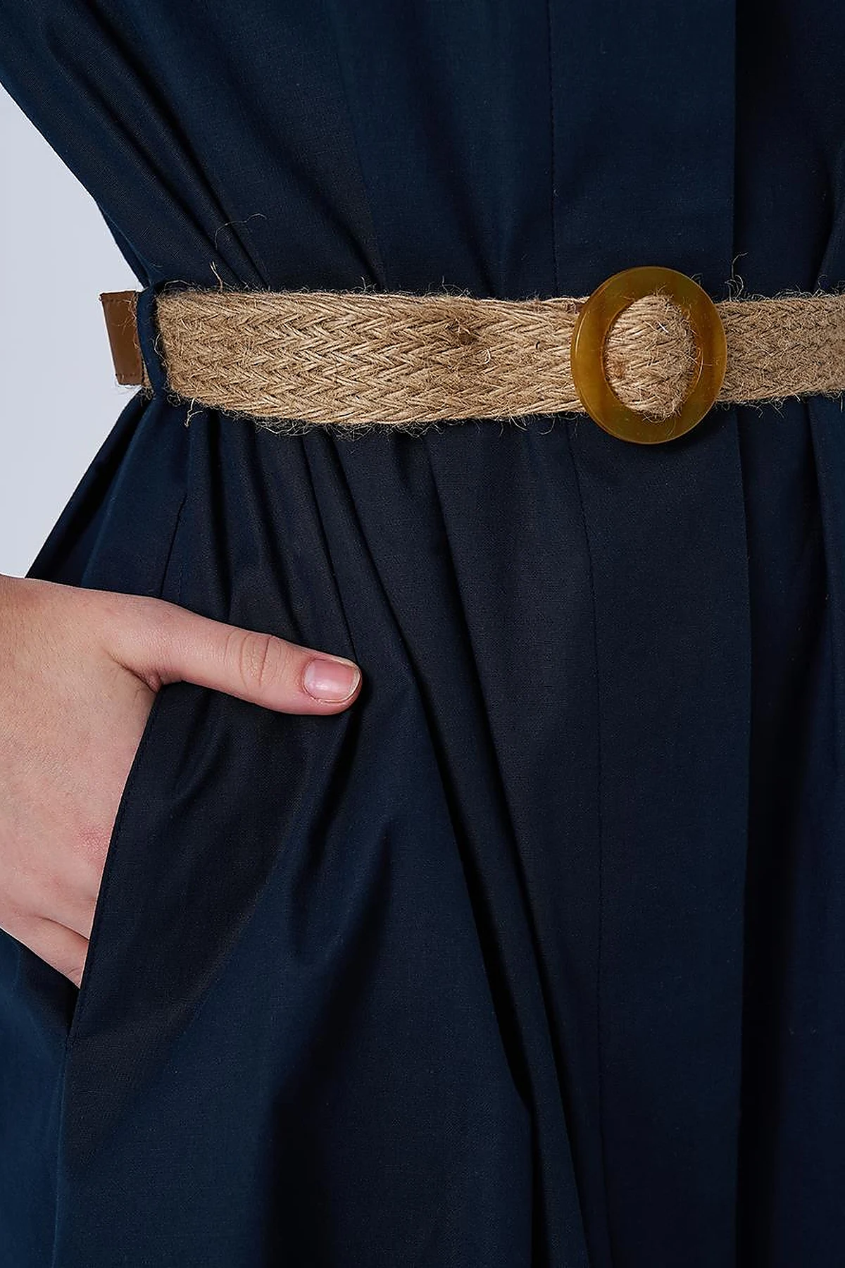 Woven Belt Detailed Cotton Dress Dark Navy