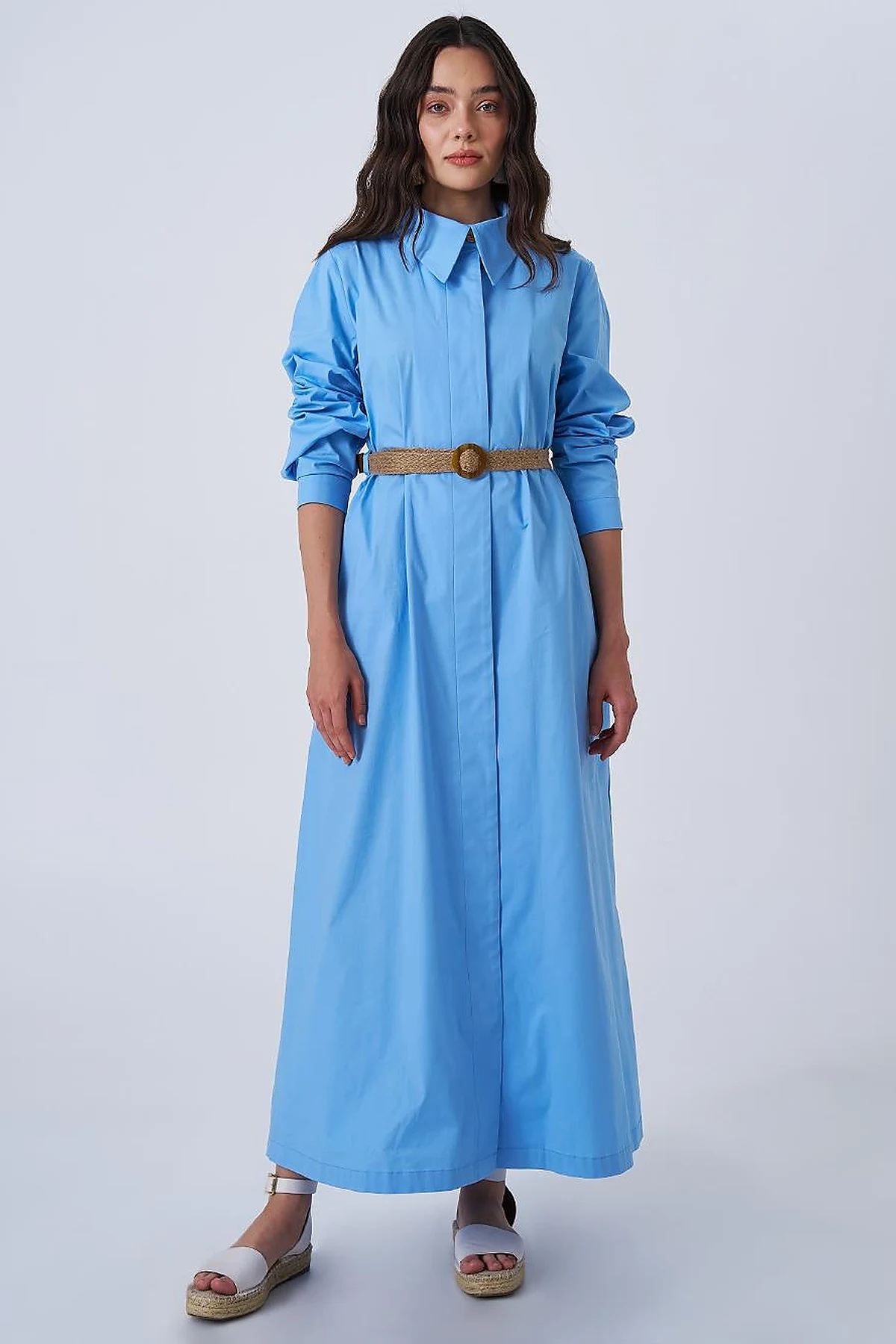 Woven Belt Detailed Cotton Dress Dusty Smoke