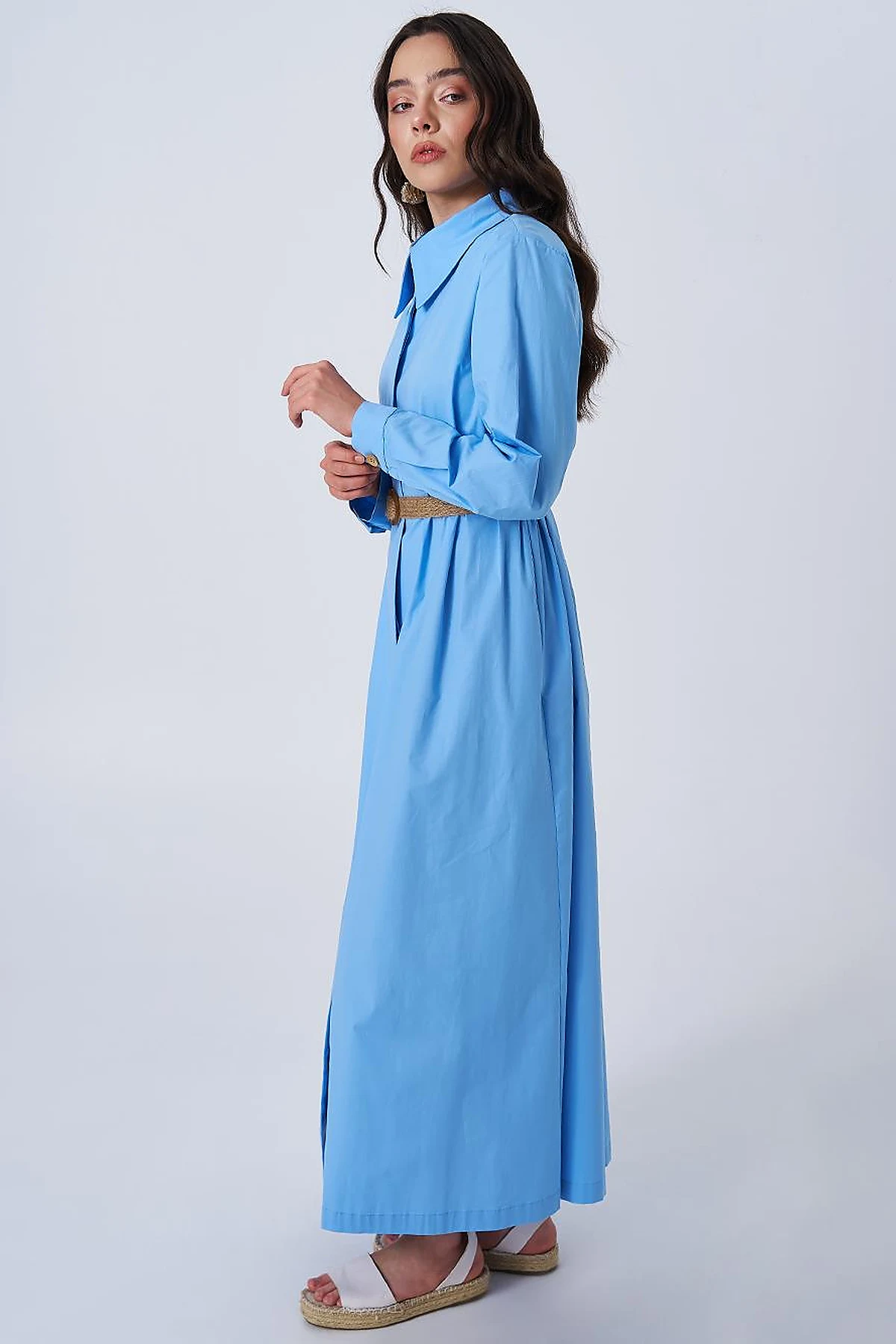 Woven Belt Detailed Cotton Dress Dusty Smoke