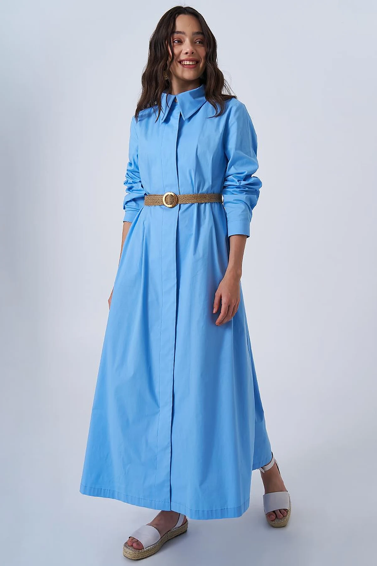 Woven Belt Detailed Cotton Dress Dusty Smoke