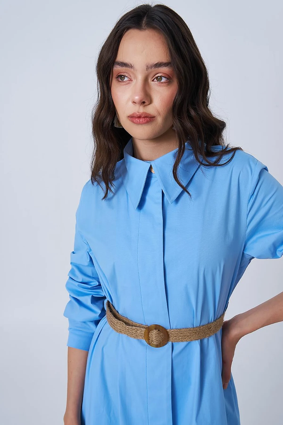 Woven Belt Detailed Cotton Dress Dusty Smoke