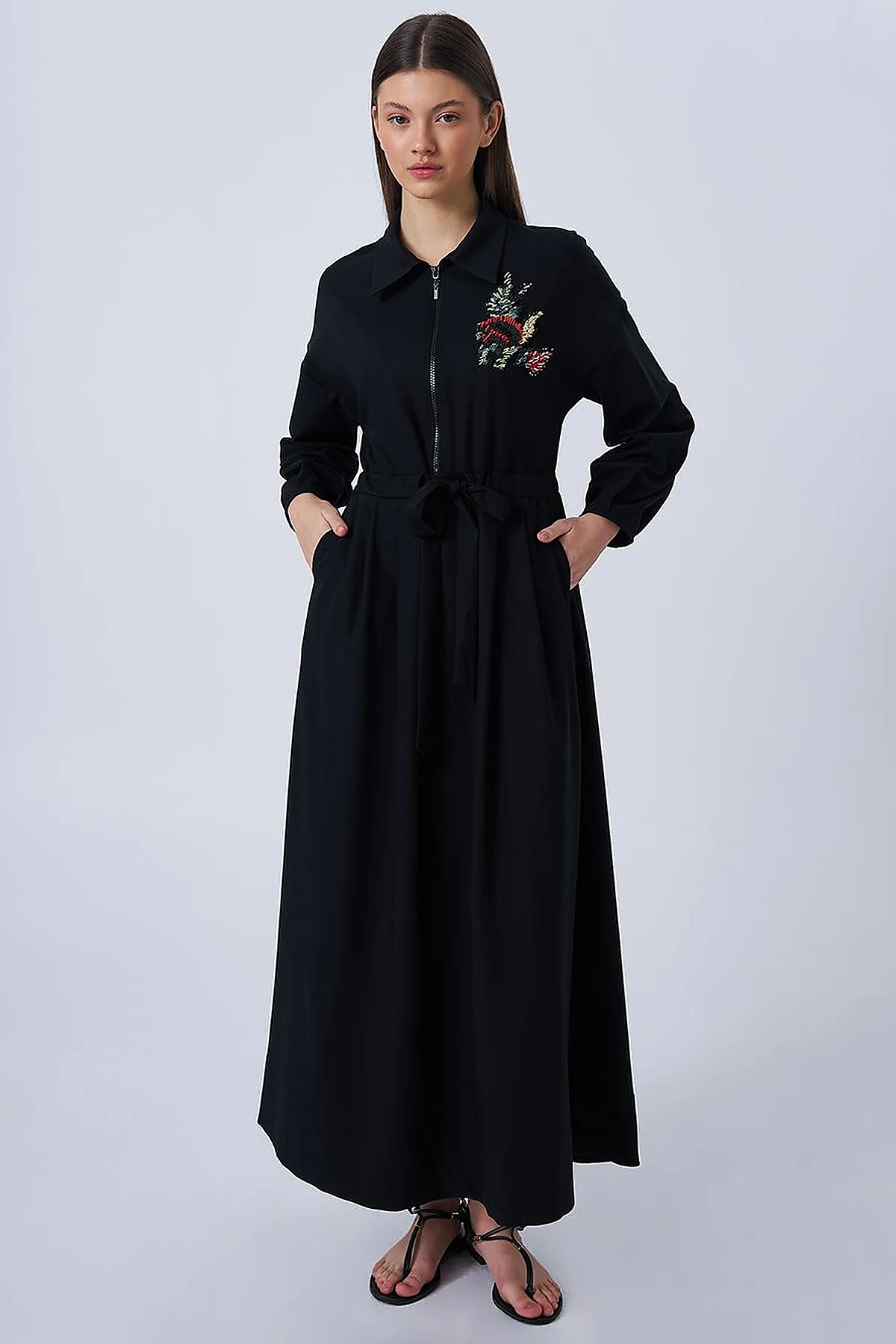 Embroidered Rayon Dress Black