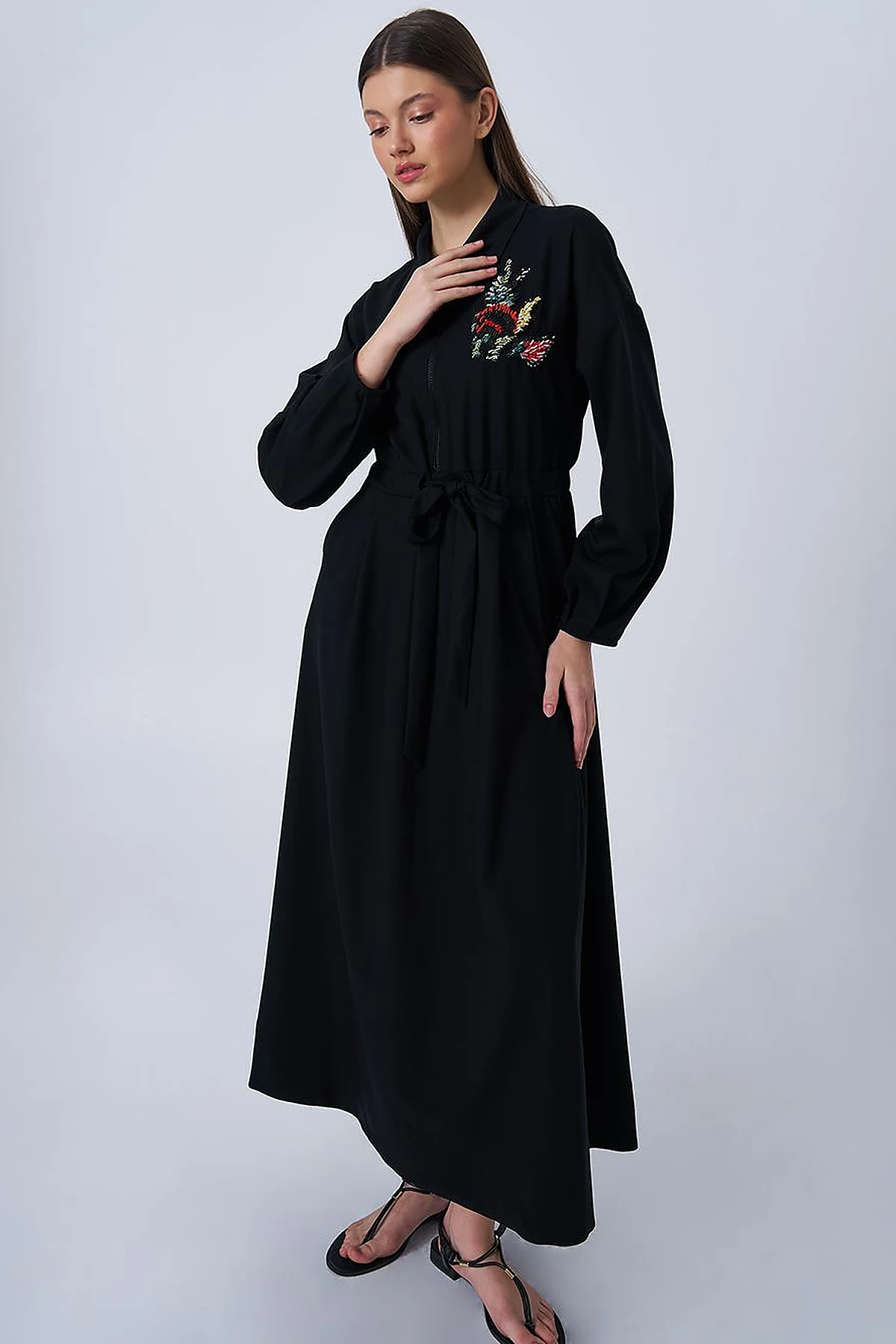Embroidered Rayon Dress Black