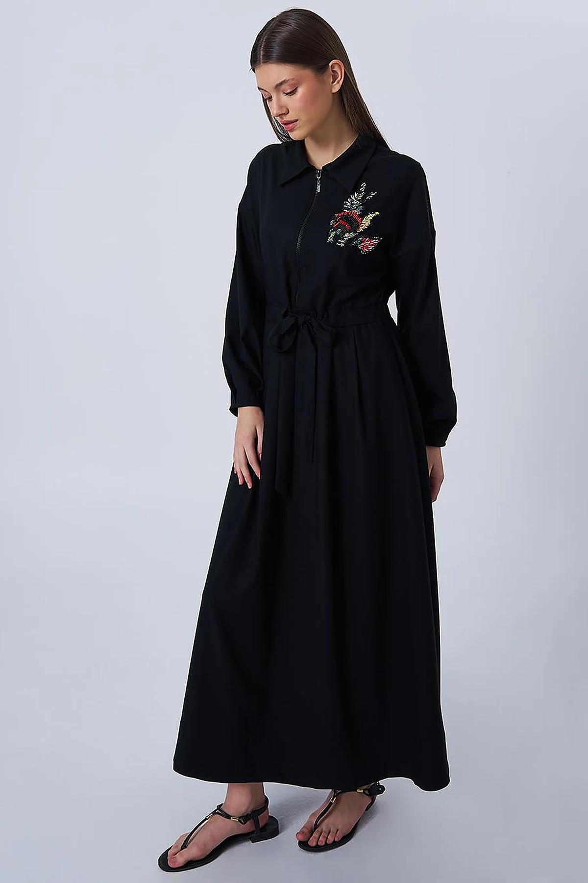 Embroidered Rayon Dress Black