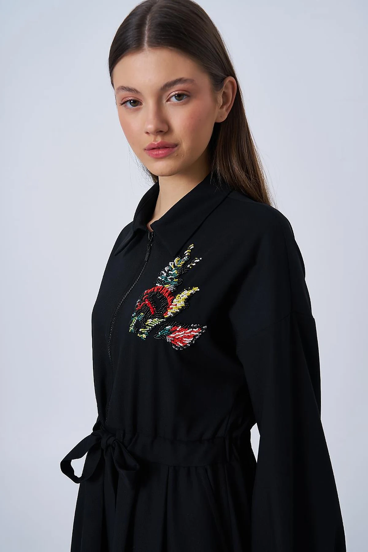 Embroidered Rayon Dress Black