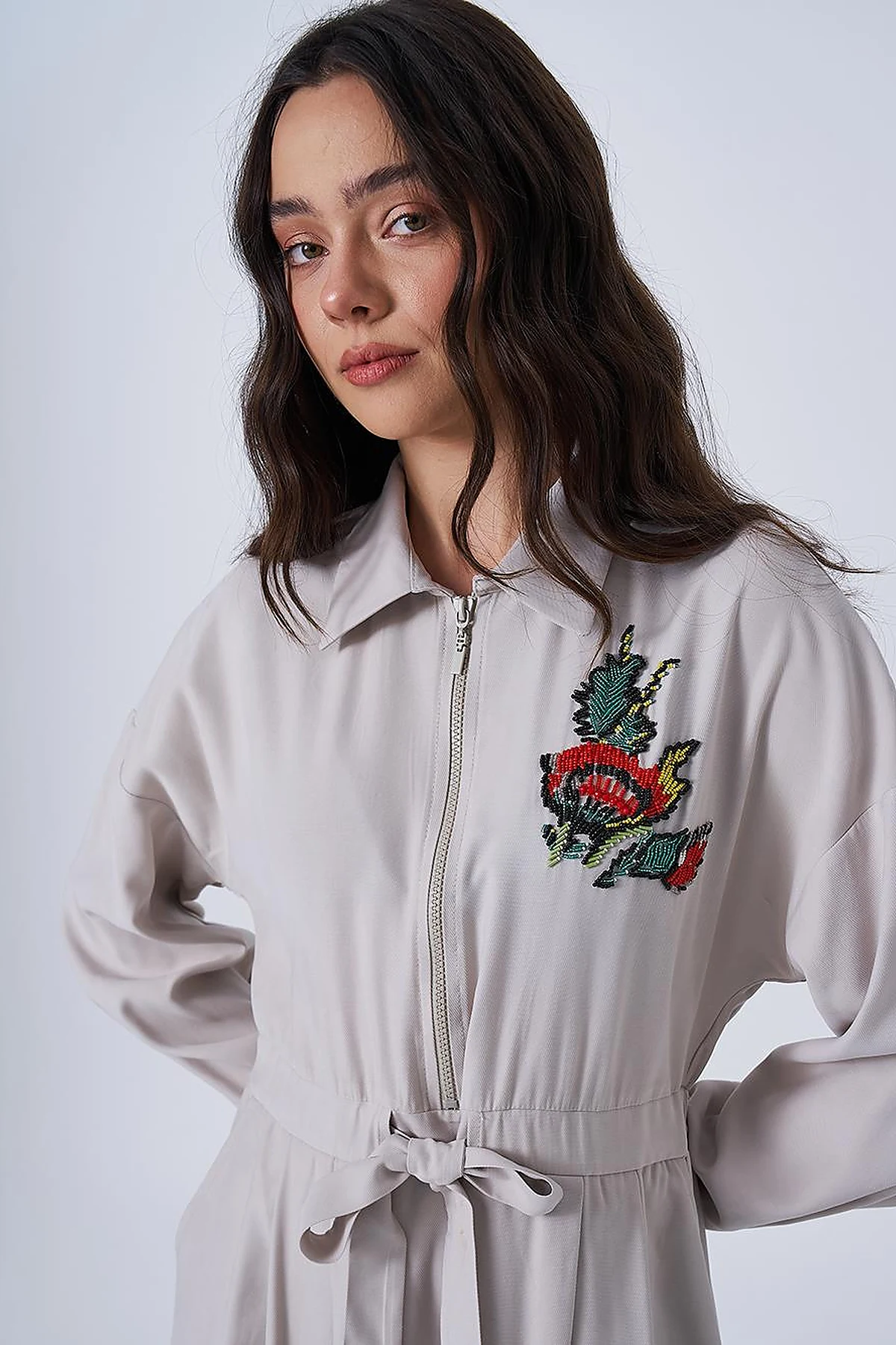 Embroidered Rayon Dress Stone