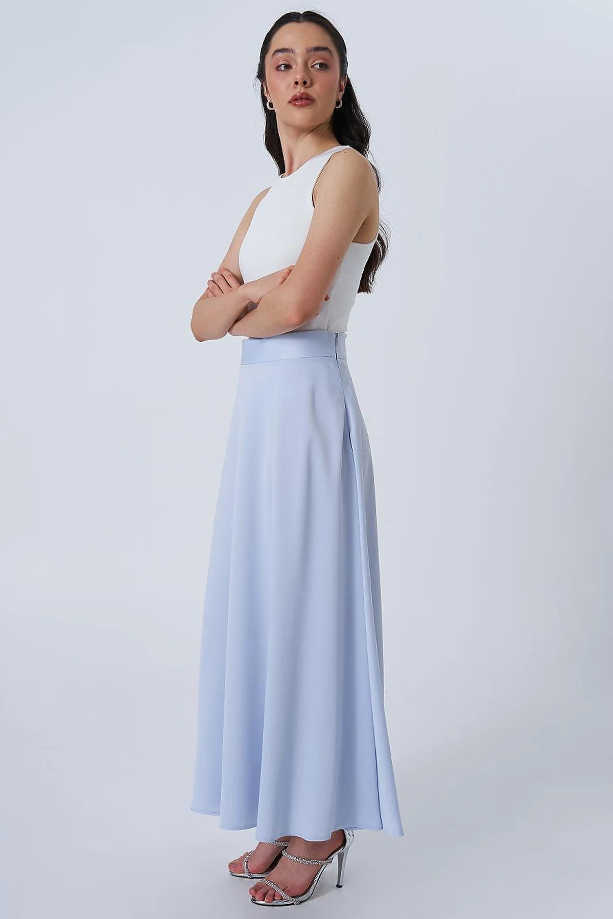High-Waisted Satin Flared Skirt Blue