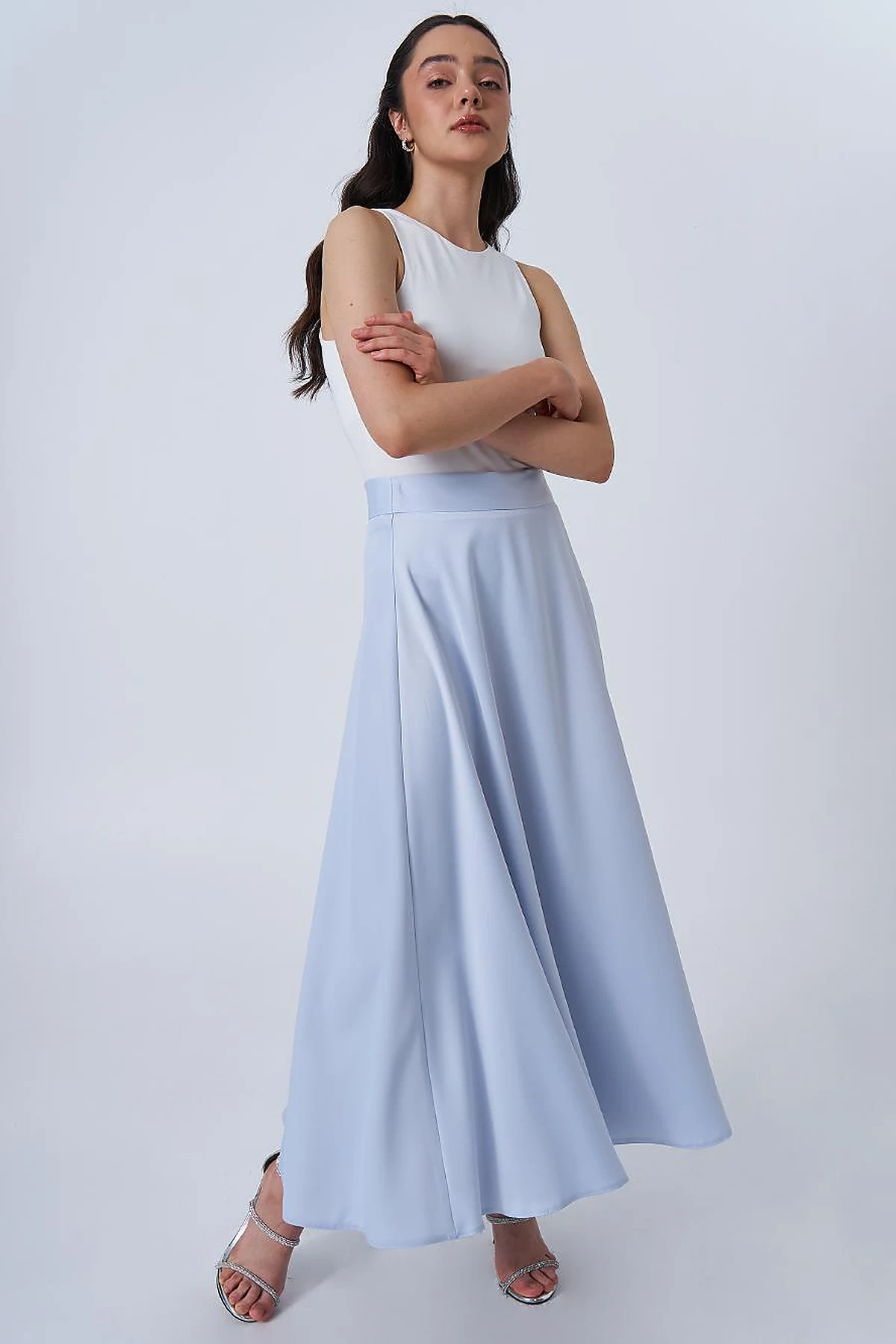 High-Waisted Satin Flared Skirt Blue