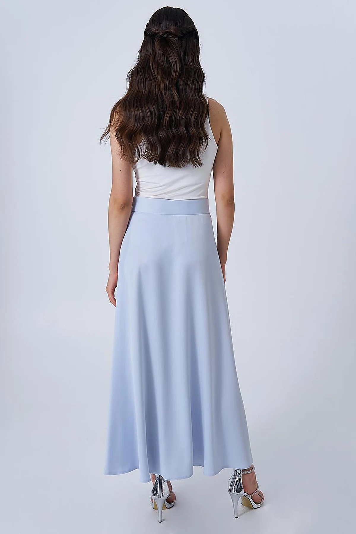 High-Waisted Satin Flared Skirt Blue