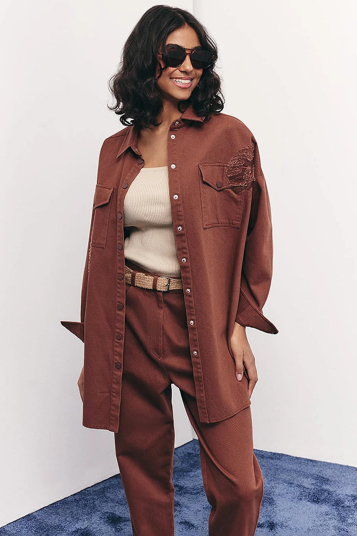 Embroidered Applique Canvas Tunic Coffee