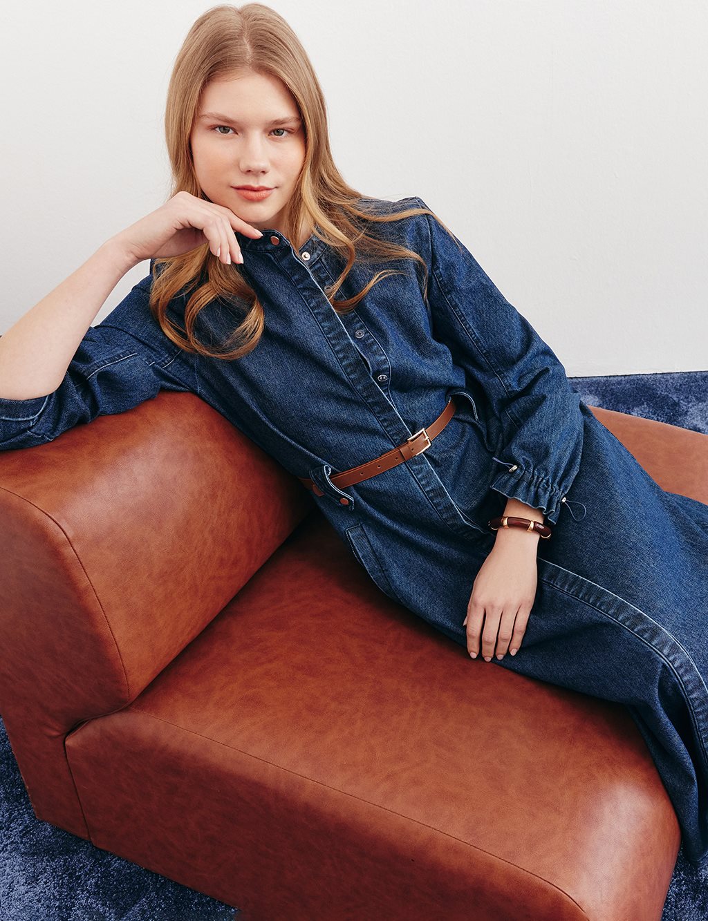 Bilekleri Lastikli Denim Elbise Lacivert 