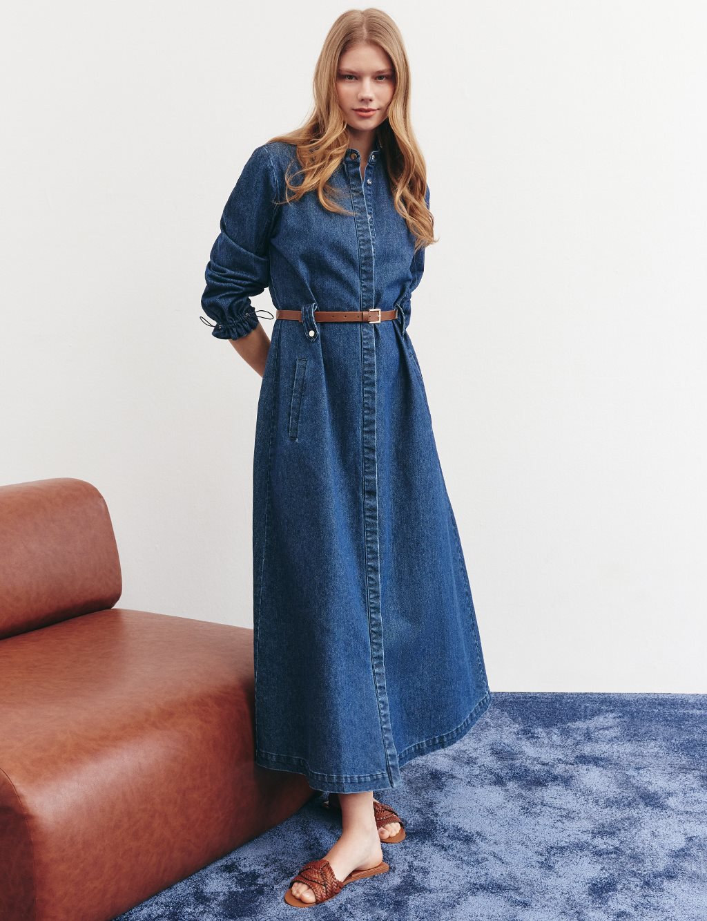 Bilekleri Lastikli Denim Elbise Lacivert 