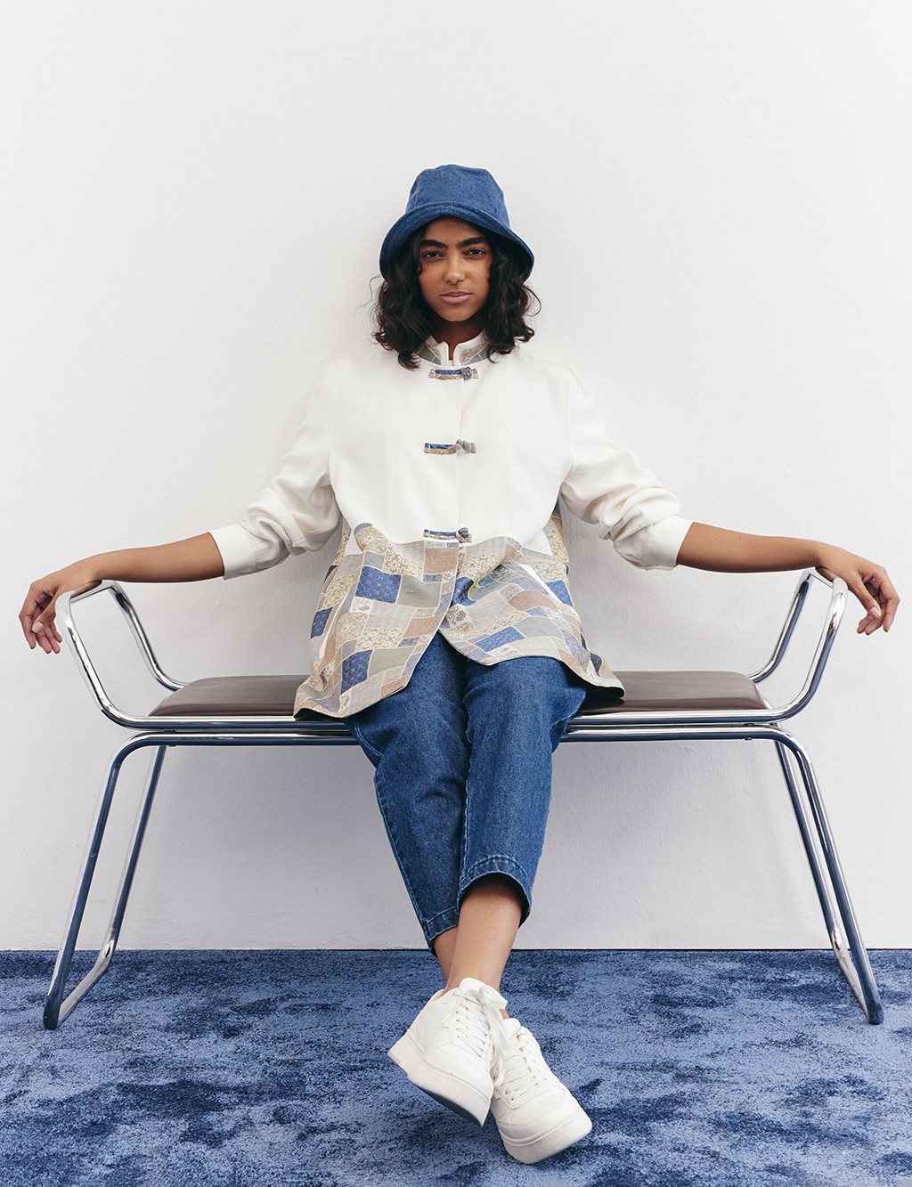 Checkered Pattern Detailed Jacket in Indigo