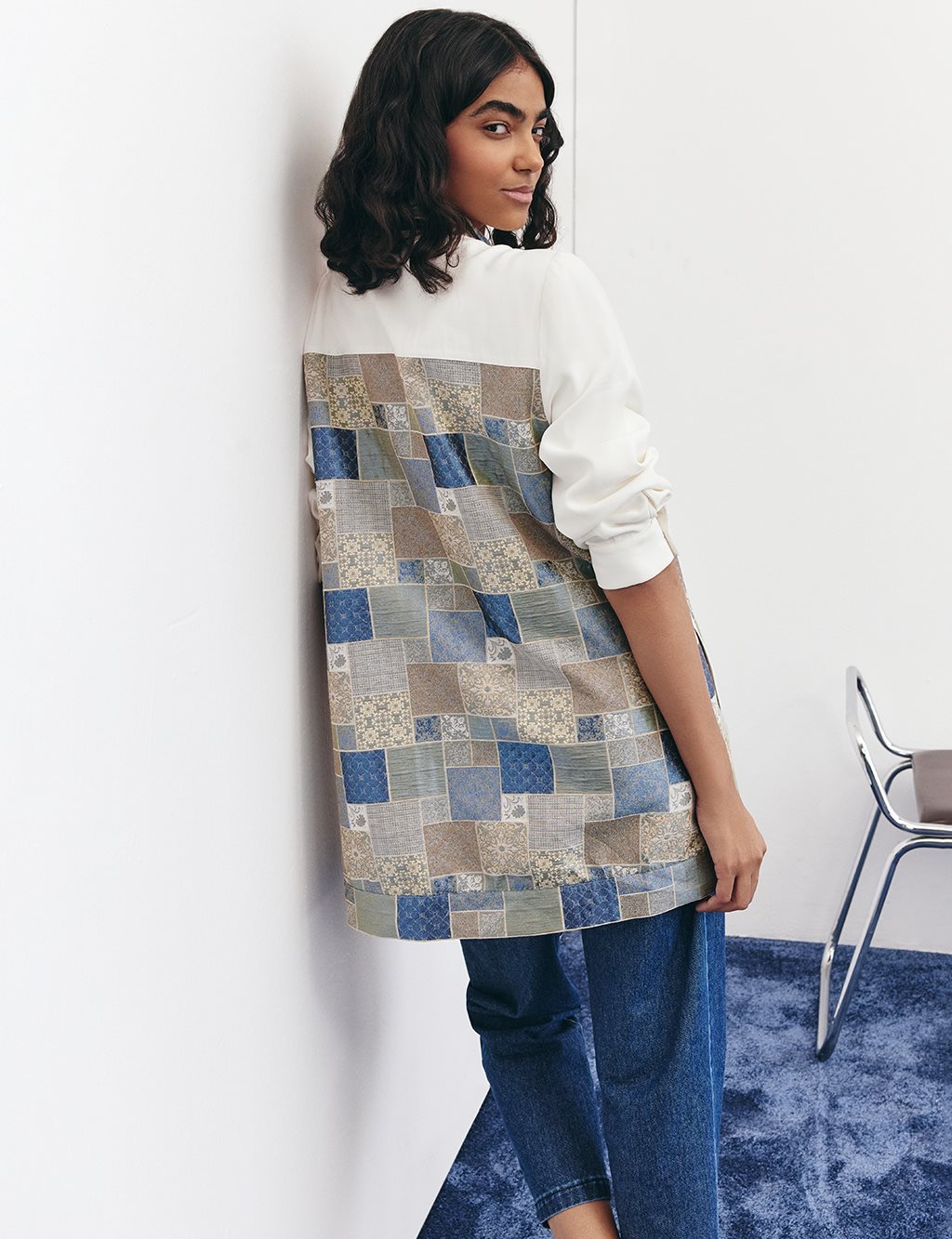 Checkered Pattern Detailed Jacket in Indigo