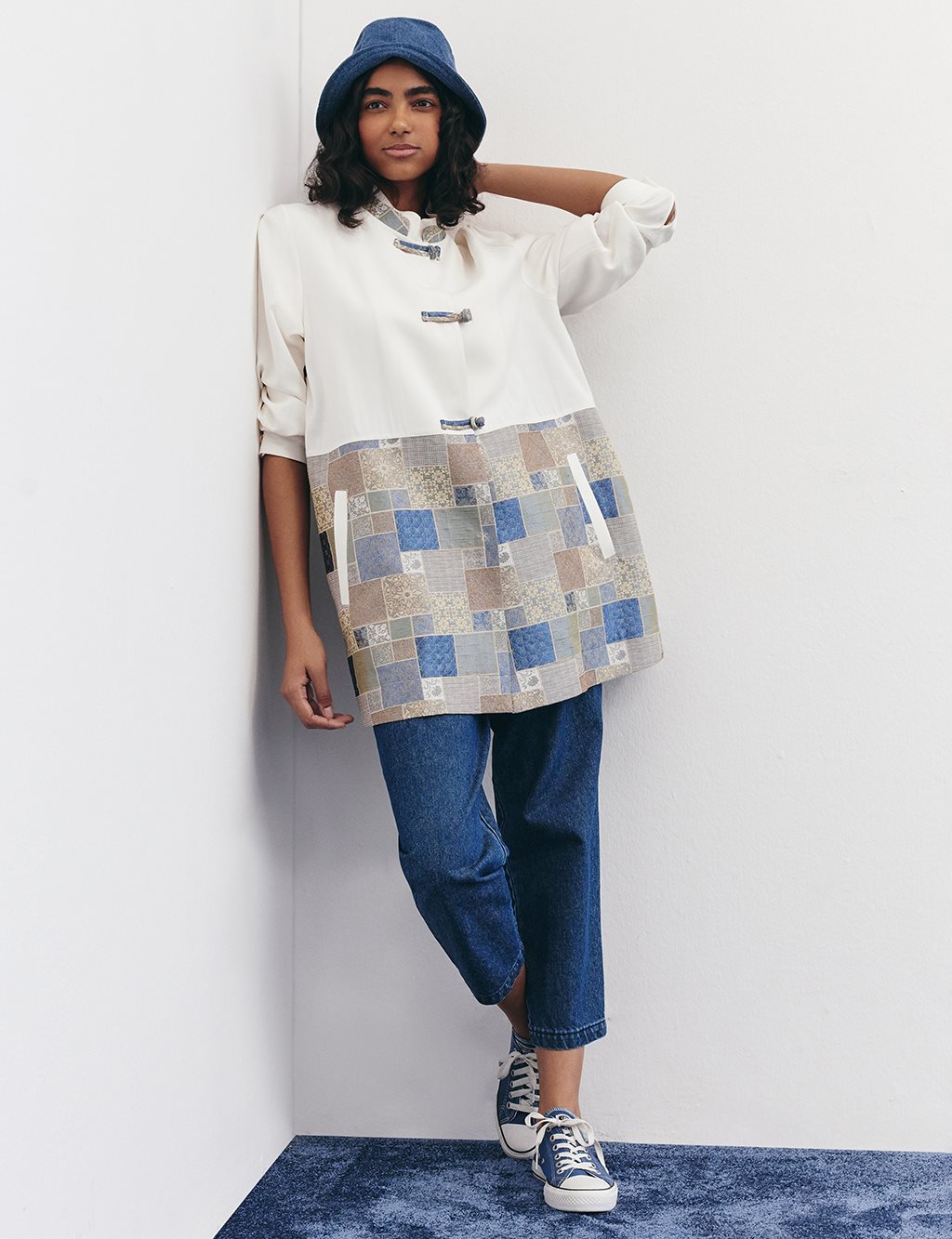 Checkered Pattern Detailed Jacket in Indigo