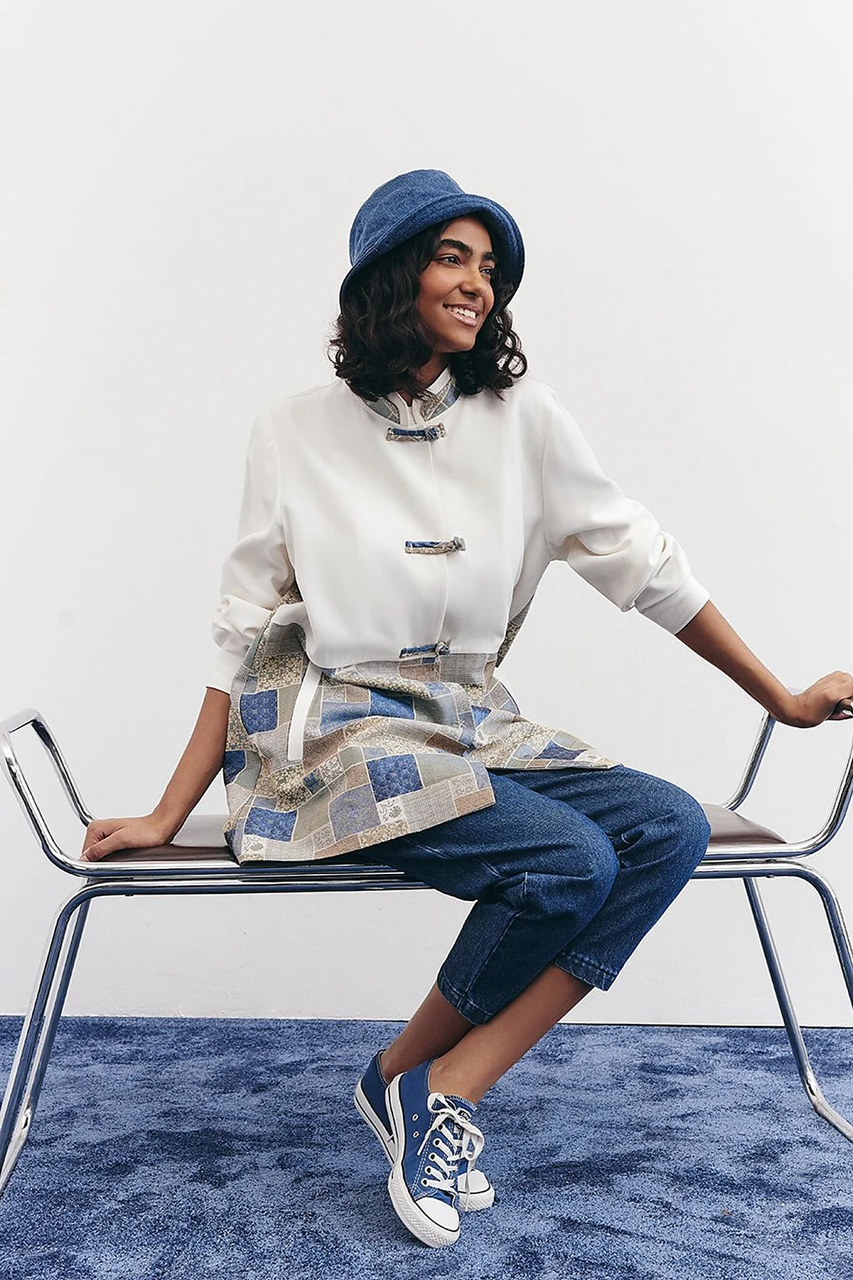 Checkered Pattern Detailed Jacket in Indigo