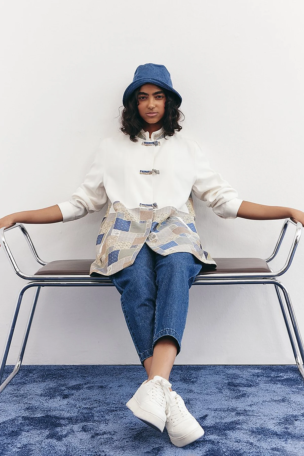 Checkered Pattern Detailed Jacket in Indigo
