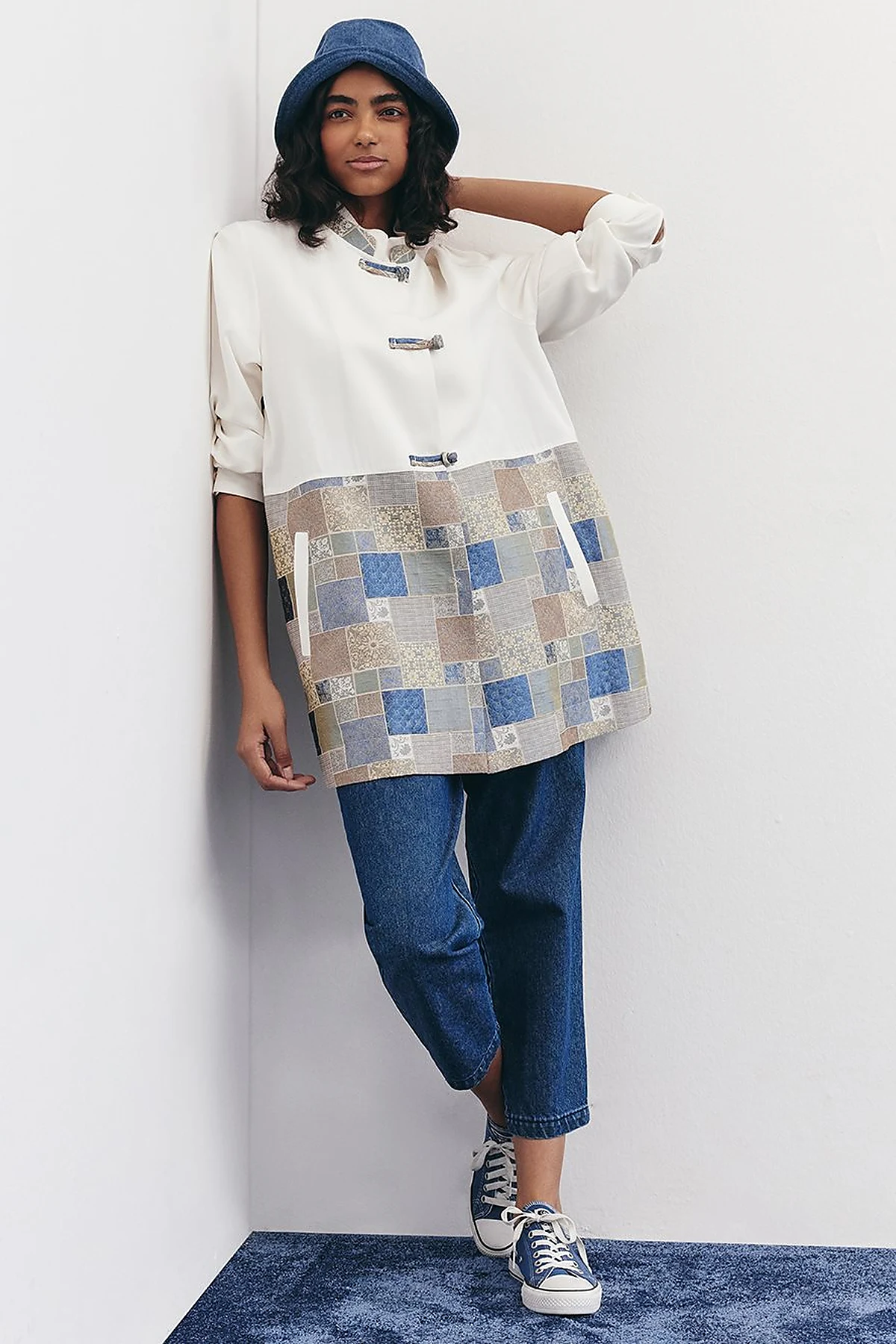 Checkered Pattern Detailed Jacket in Indigo