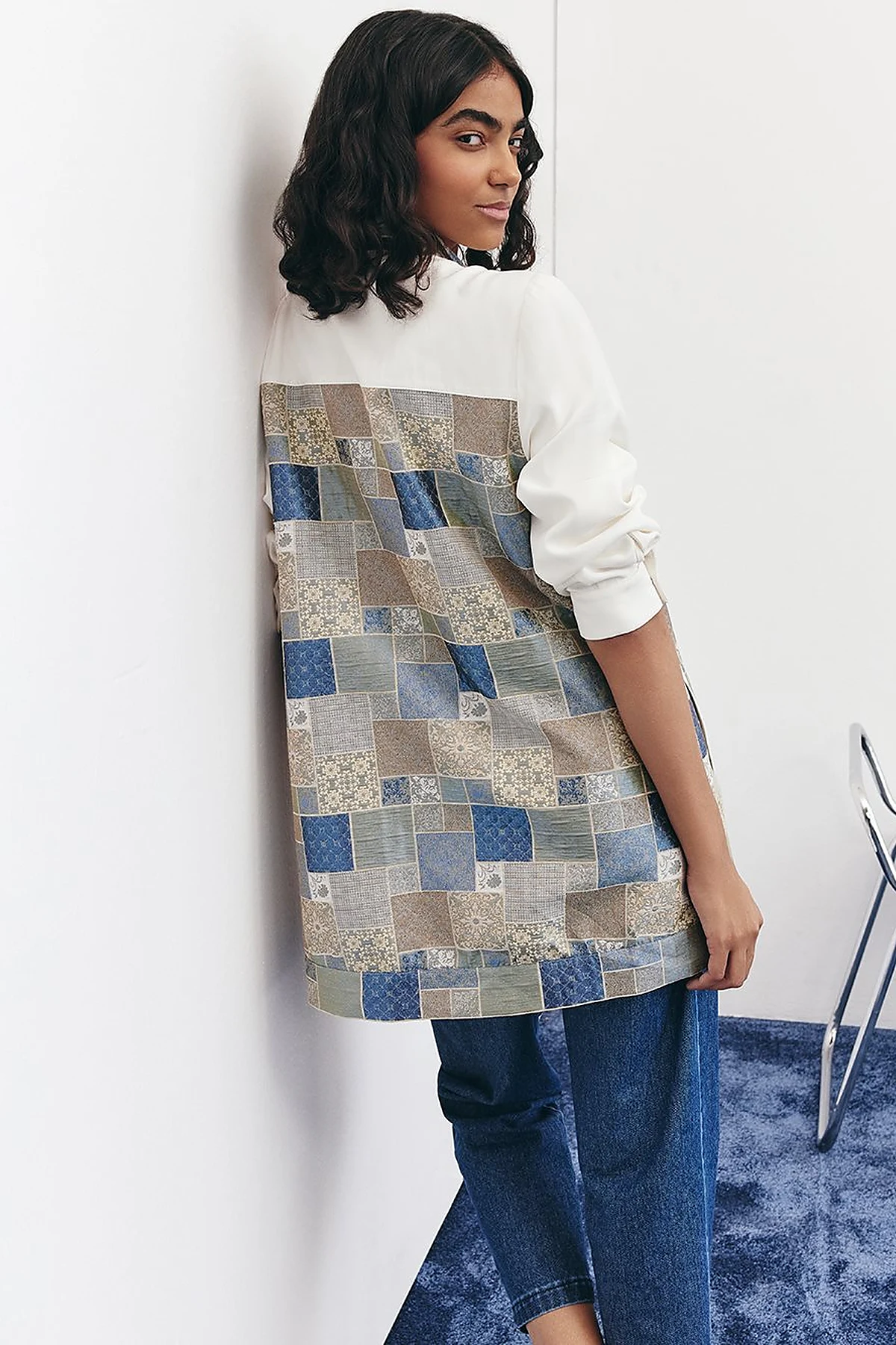 Checkered Pattern Detailed Jacket in Indigo