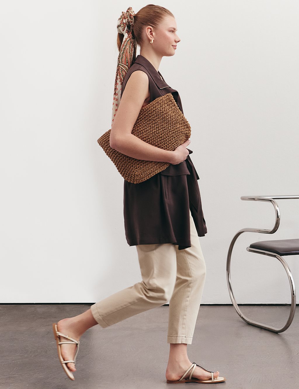 Drawstring Waist Stand-up Collar Vest Dark Brown