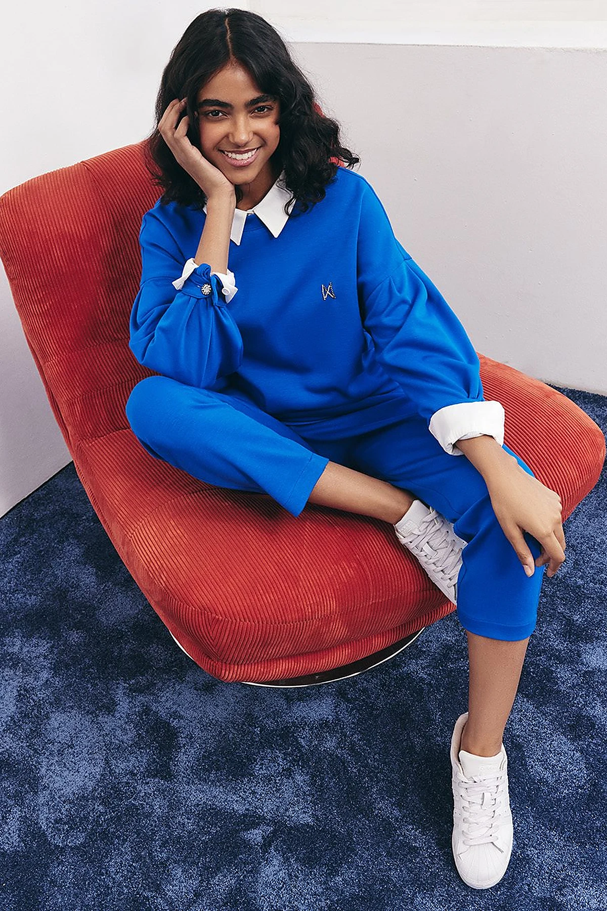  Embroidered Scuba Two-Piece Set in Royal Blue