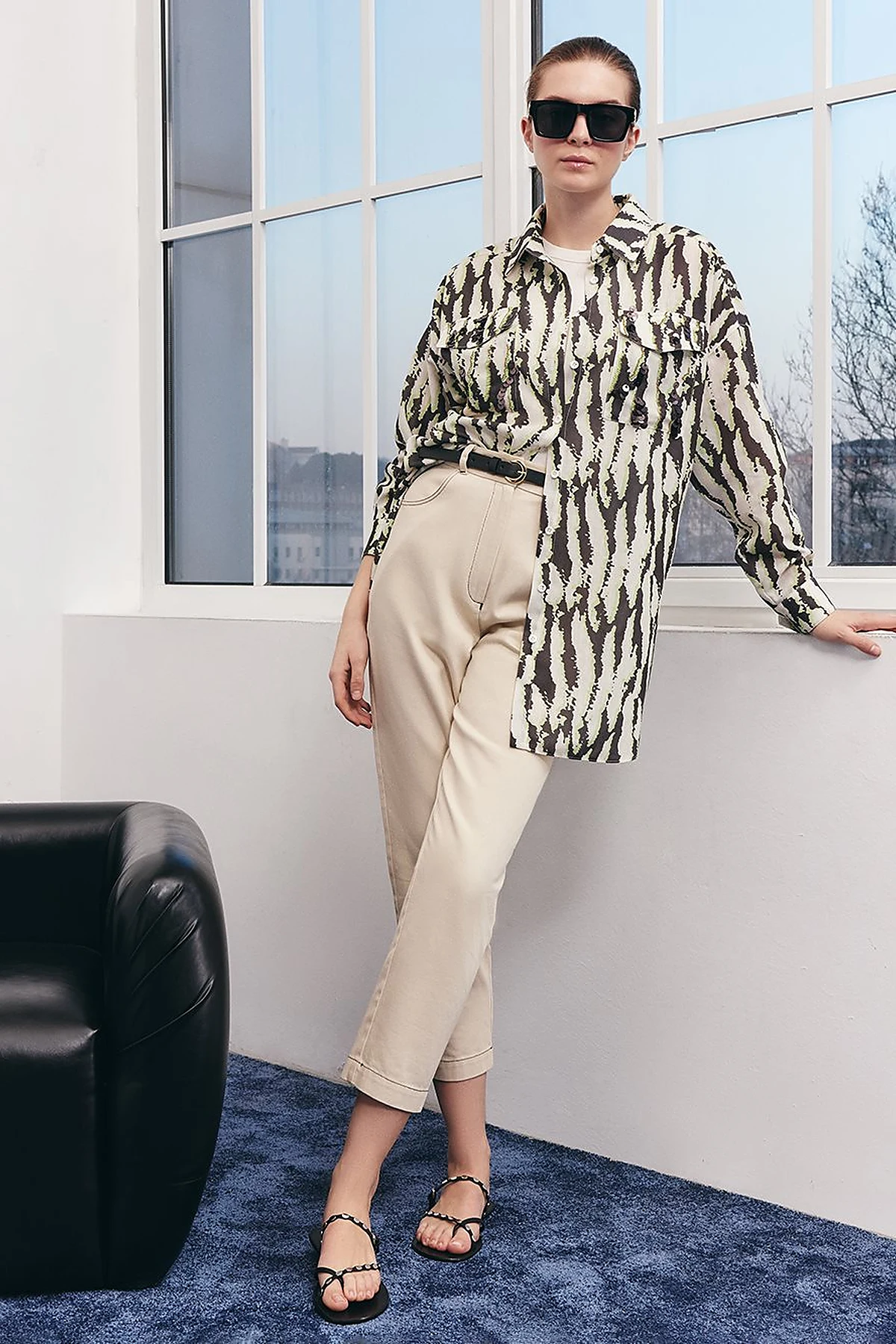 Abstract Pattern Shirt Collar Tunic Khaki