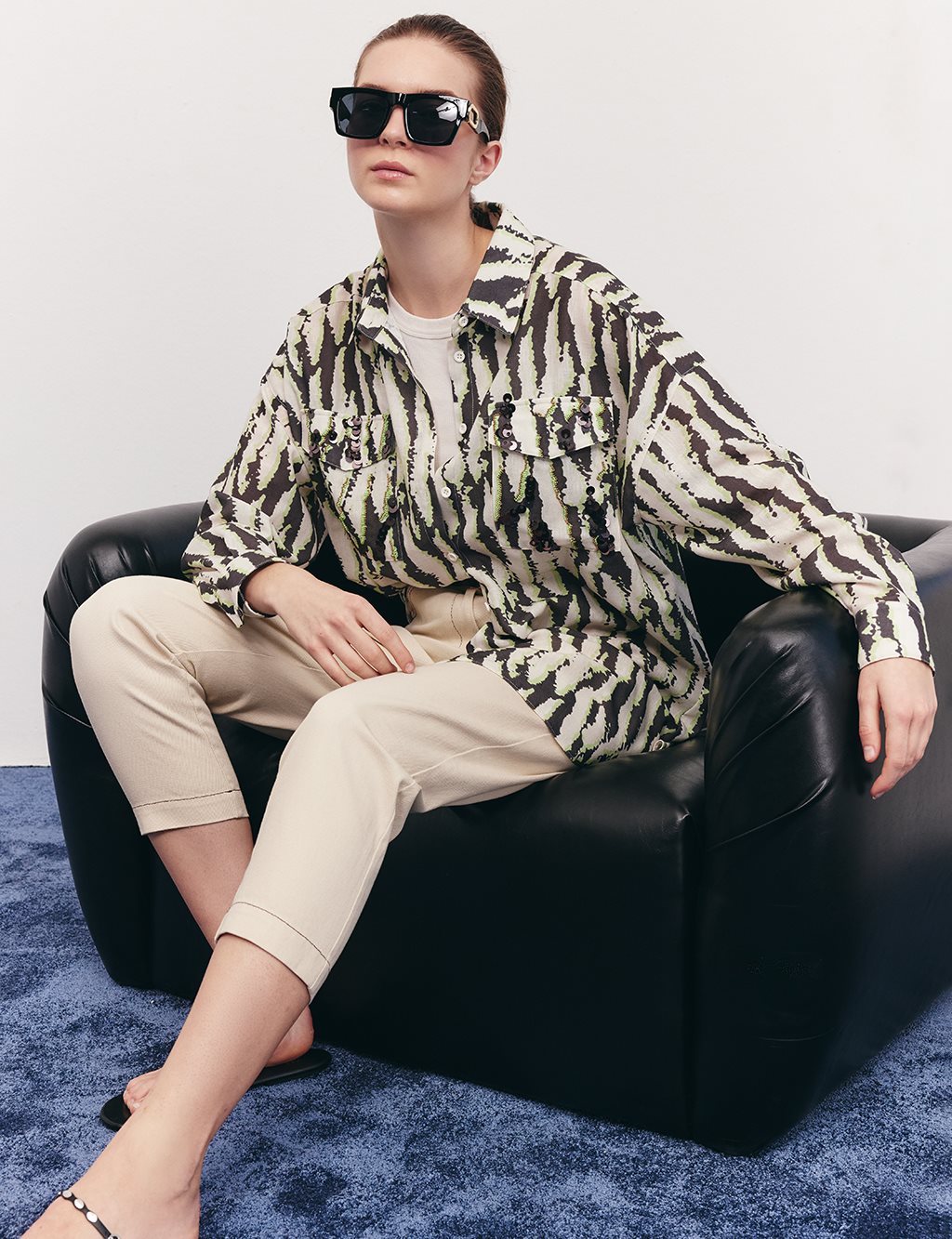 Abstract Pattern Shirt Collar Tunic Khaki