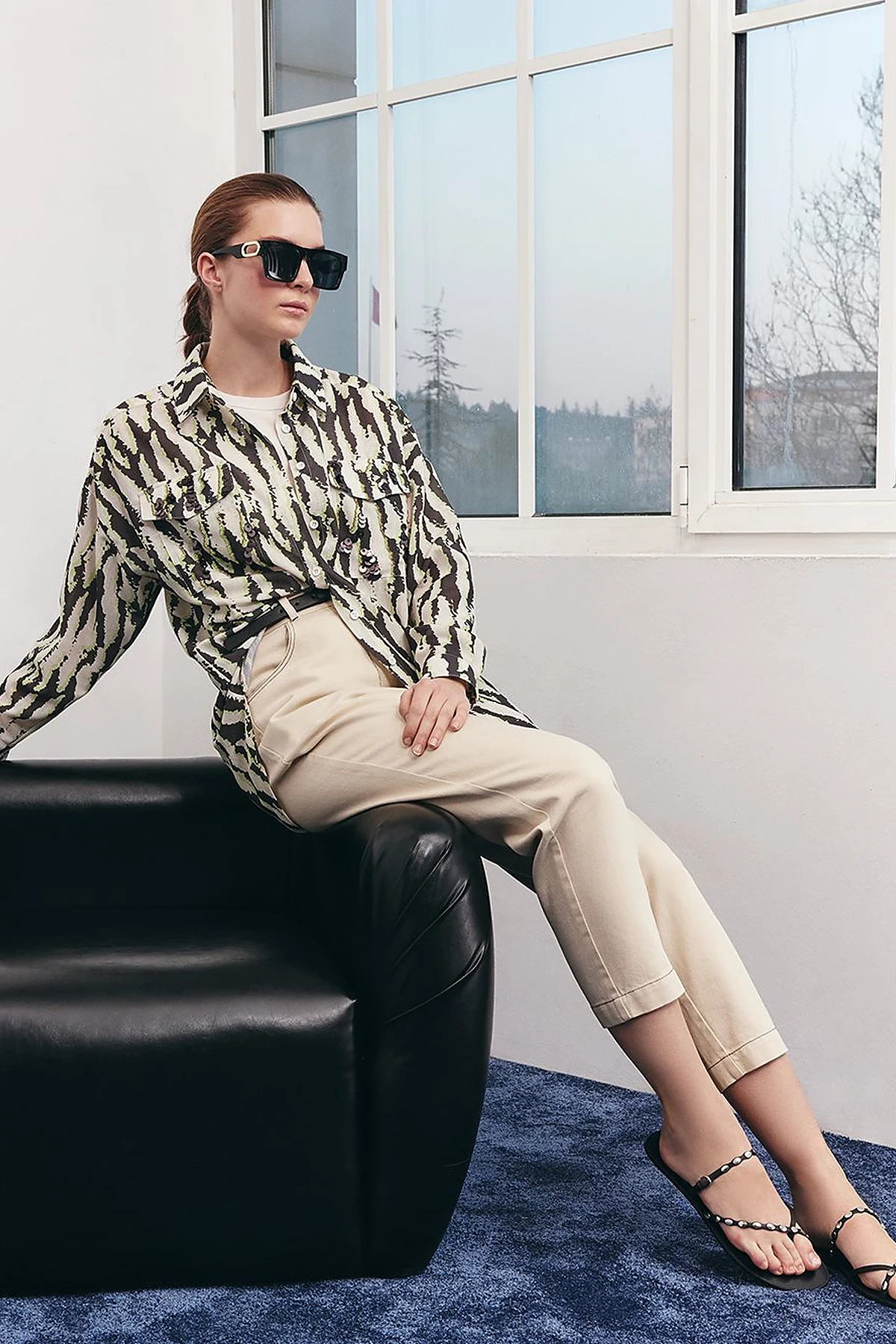 Abstract Pattern Shirt Collar Tunic Khaki