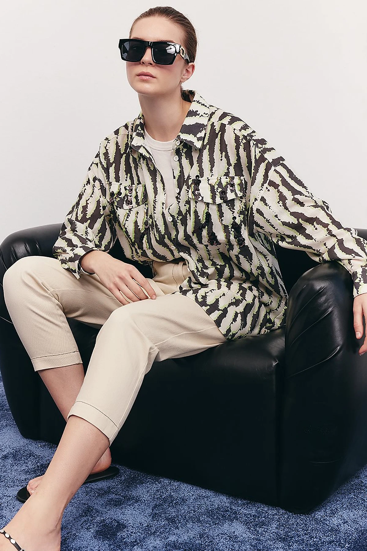Abstract Pattern Shirt Collar Tunic Khaki
