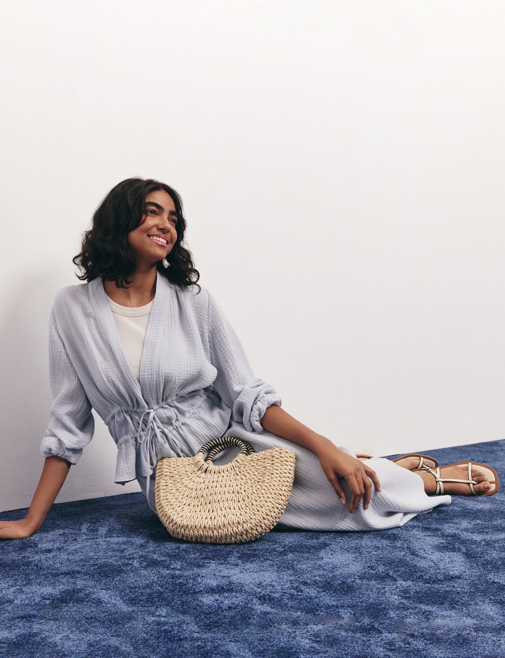 Drawstring Detailed Cotton Two-Piece Set Blue