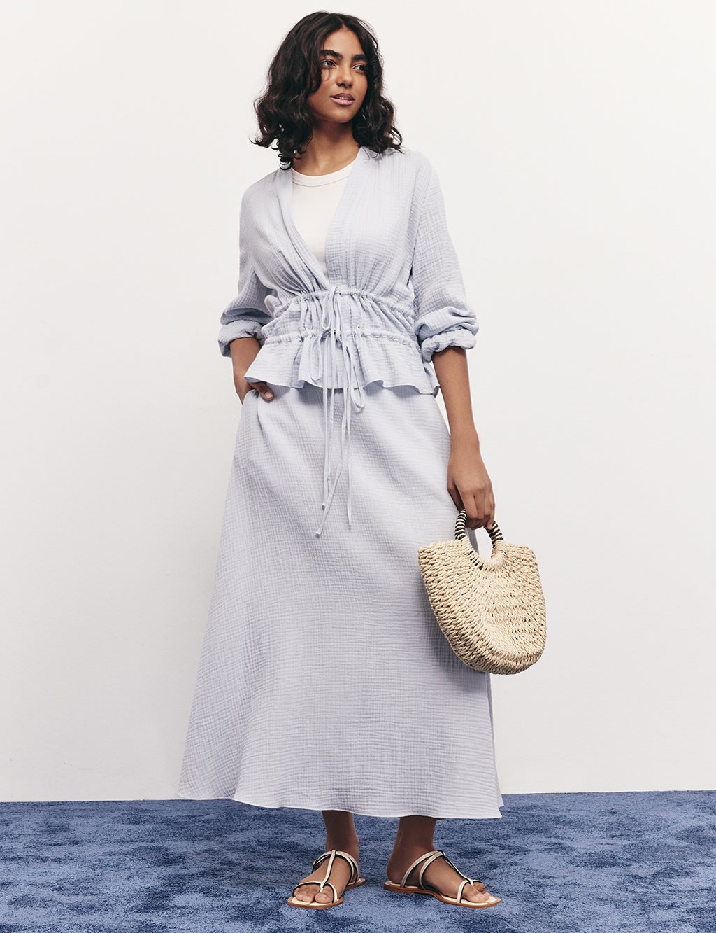 Drawstring Detailed Cotton Two-Piece Set Blue