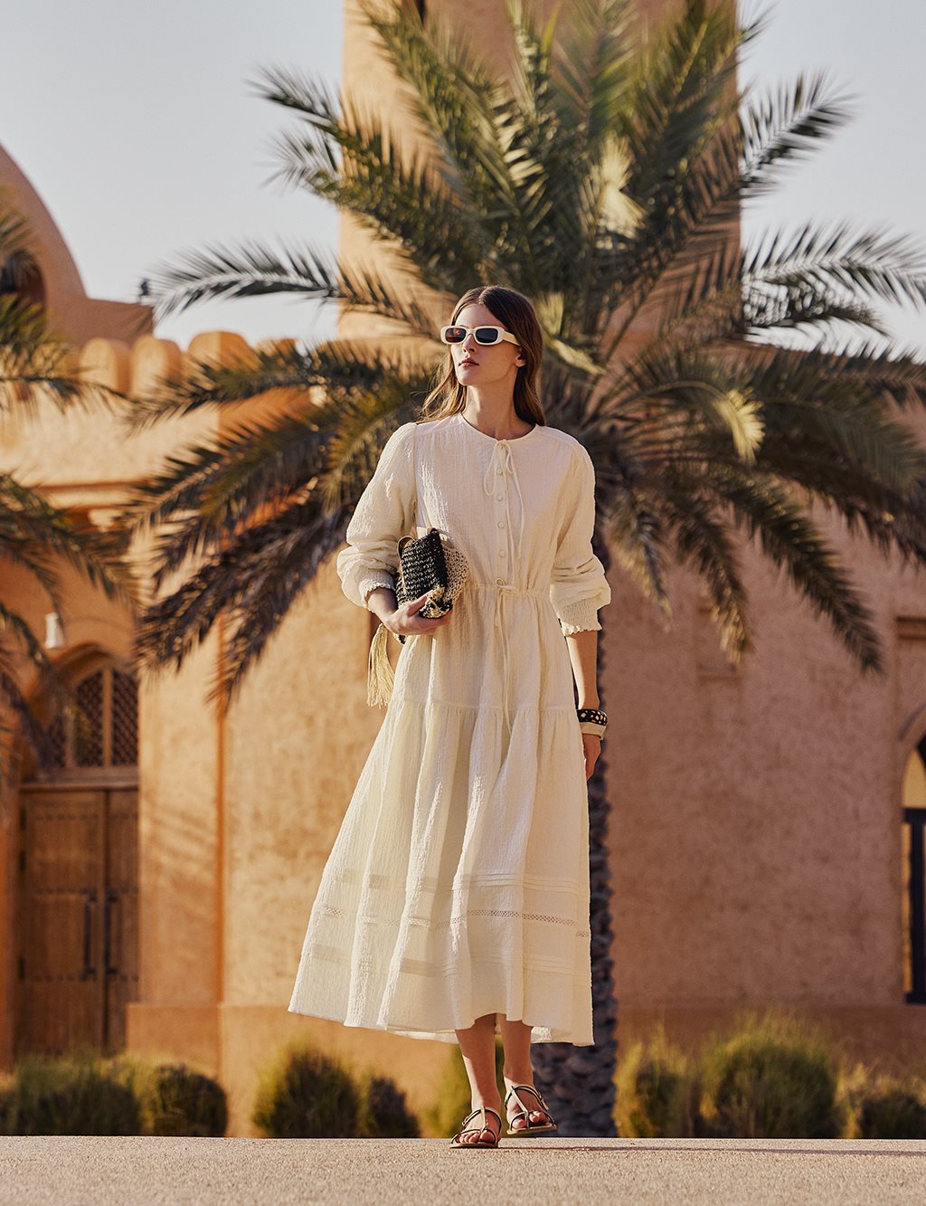 Drawstring Detailed Seersucker Dress Ecru 