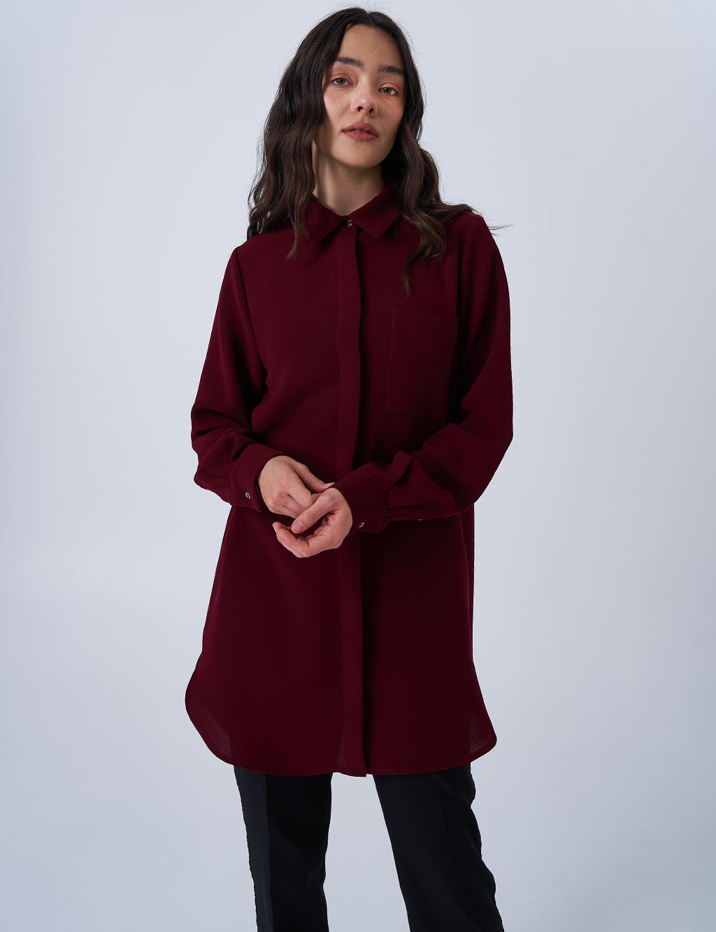 Patı Gizli Gömlek Yaka Tunik Bordo