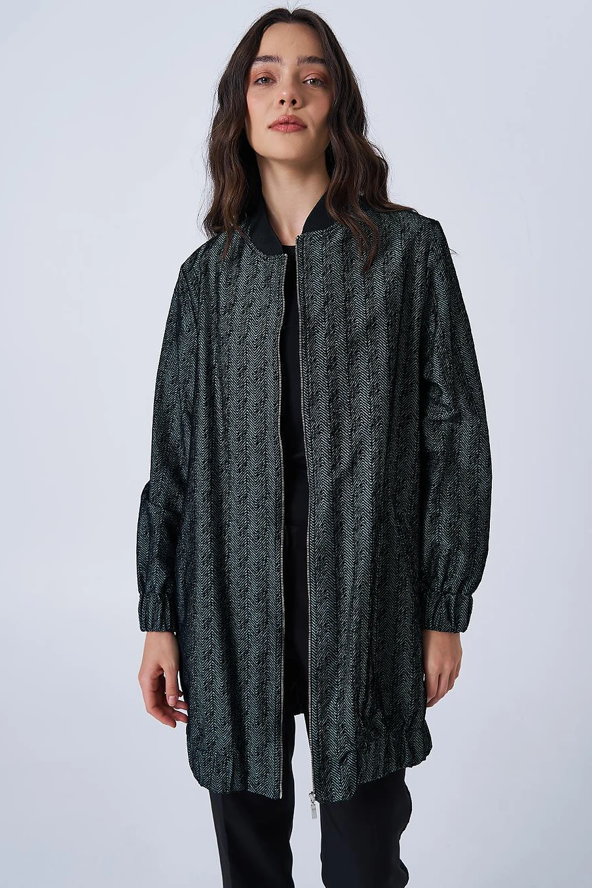 College Collar Herringbone Pattern Jacket Olive Green