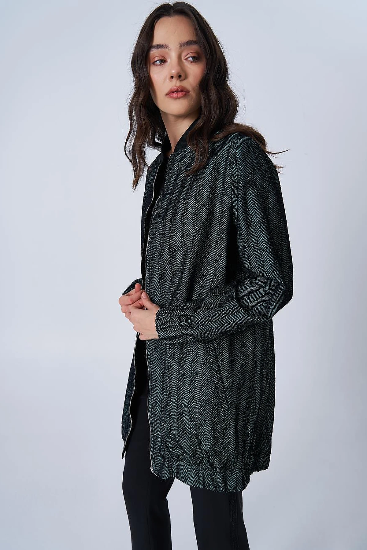 College Collar Herringbone Pattern Jacket Olive Green