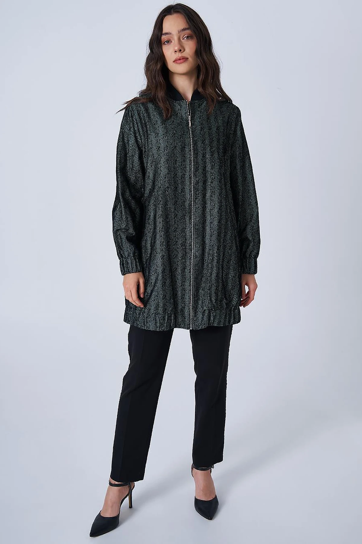 College Collar Herringbone Pattern Jacket Olive Green