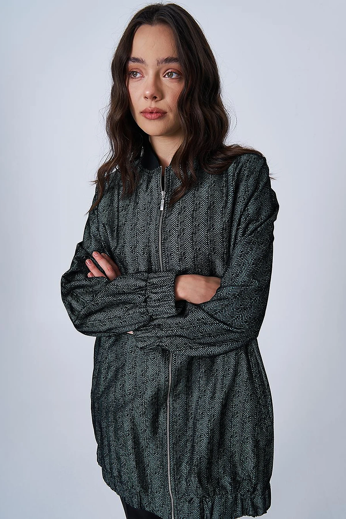 College Collar Herringbone Pattern Jacket Olive Green